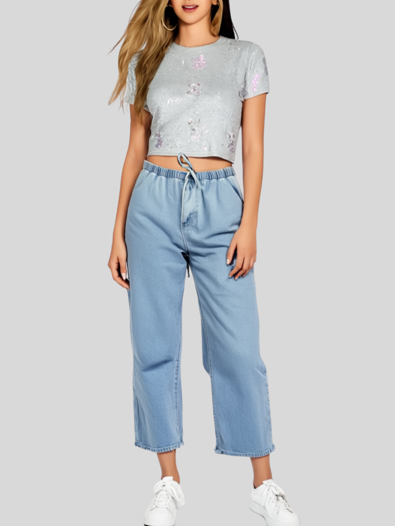 Foto 5 pulgar | Blusa Crop Top Bl-1036 Gris Claro Con Estampado De Ositos Y Detalles Brillantes