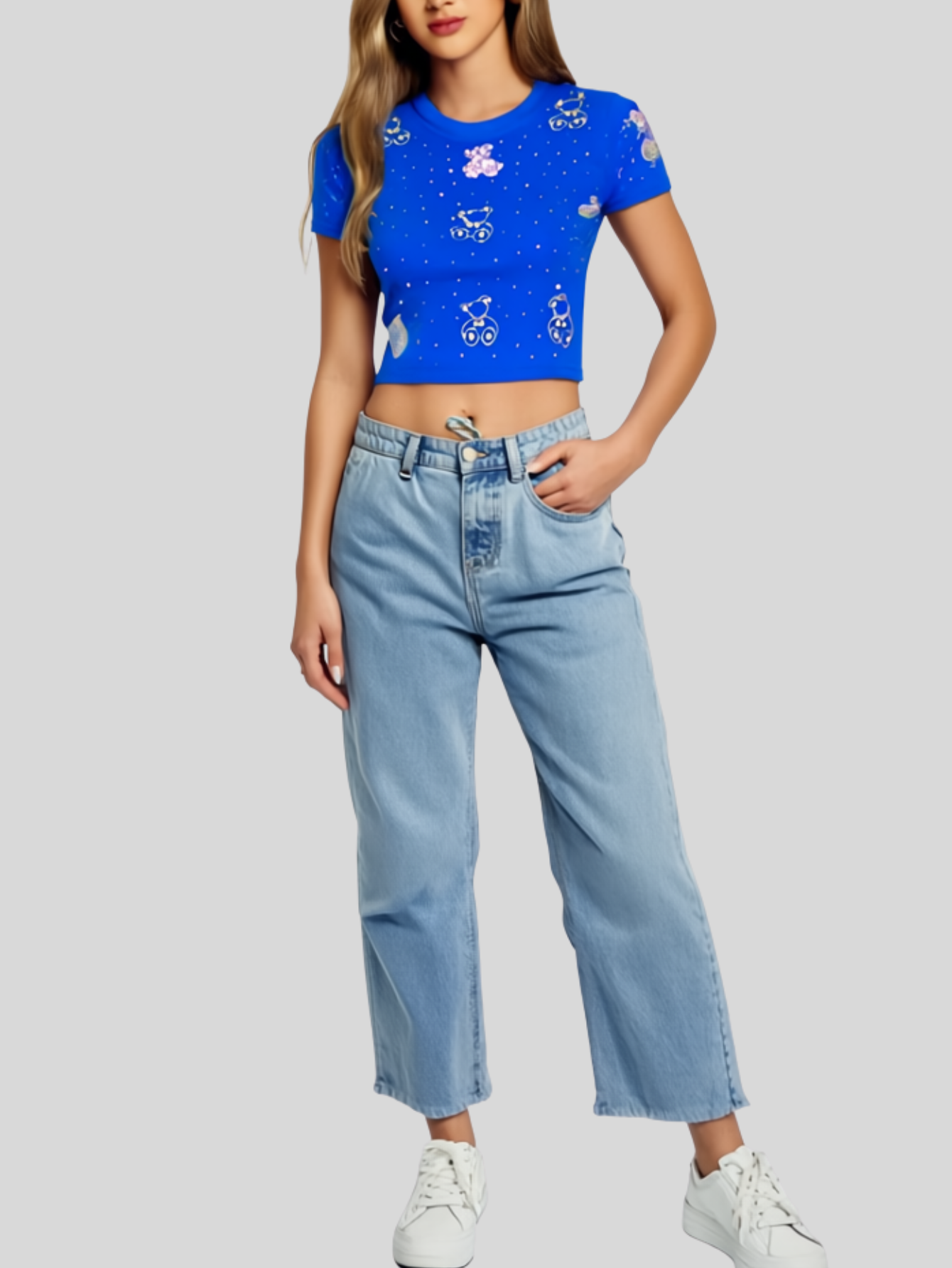 Foto 3 pulgar | Blusa Crop Top Bl-1036 Azul Rey Con Estampado De Ositos Y Detalles Brillantes