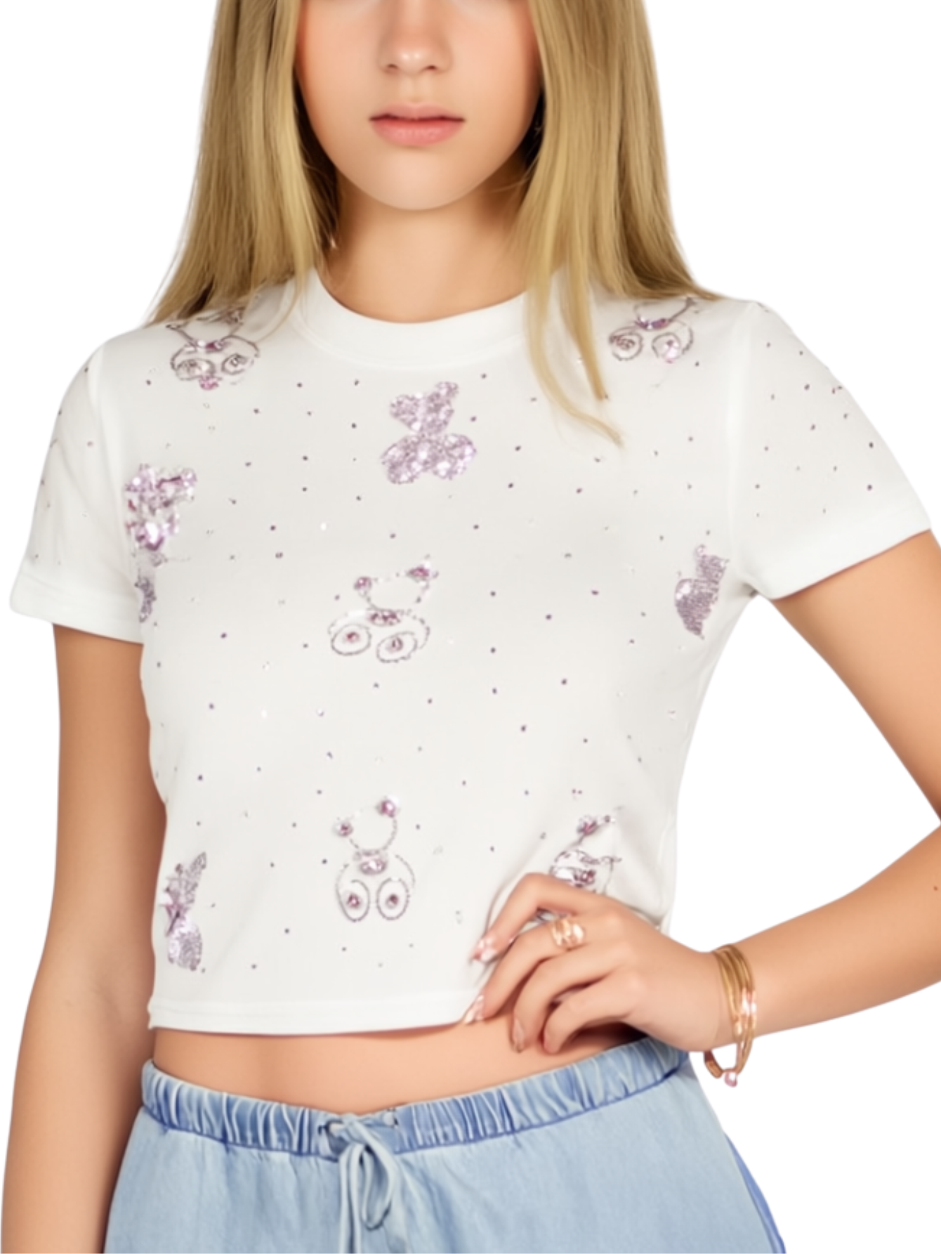 Foto 2 pulgar | Blusa Crop Top Bl-1036 Blanco Con Estampado De Ositos Y Detalles Brillantes