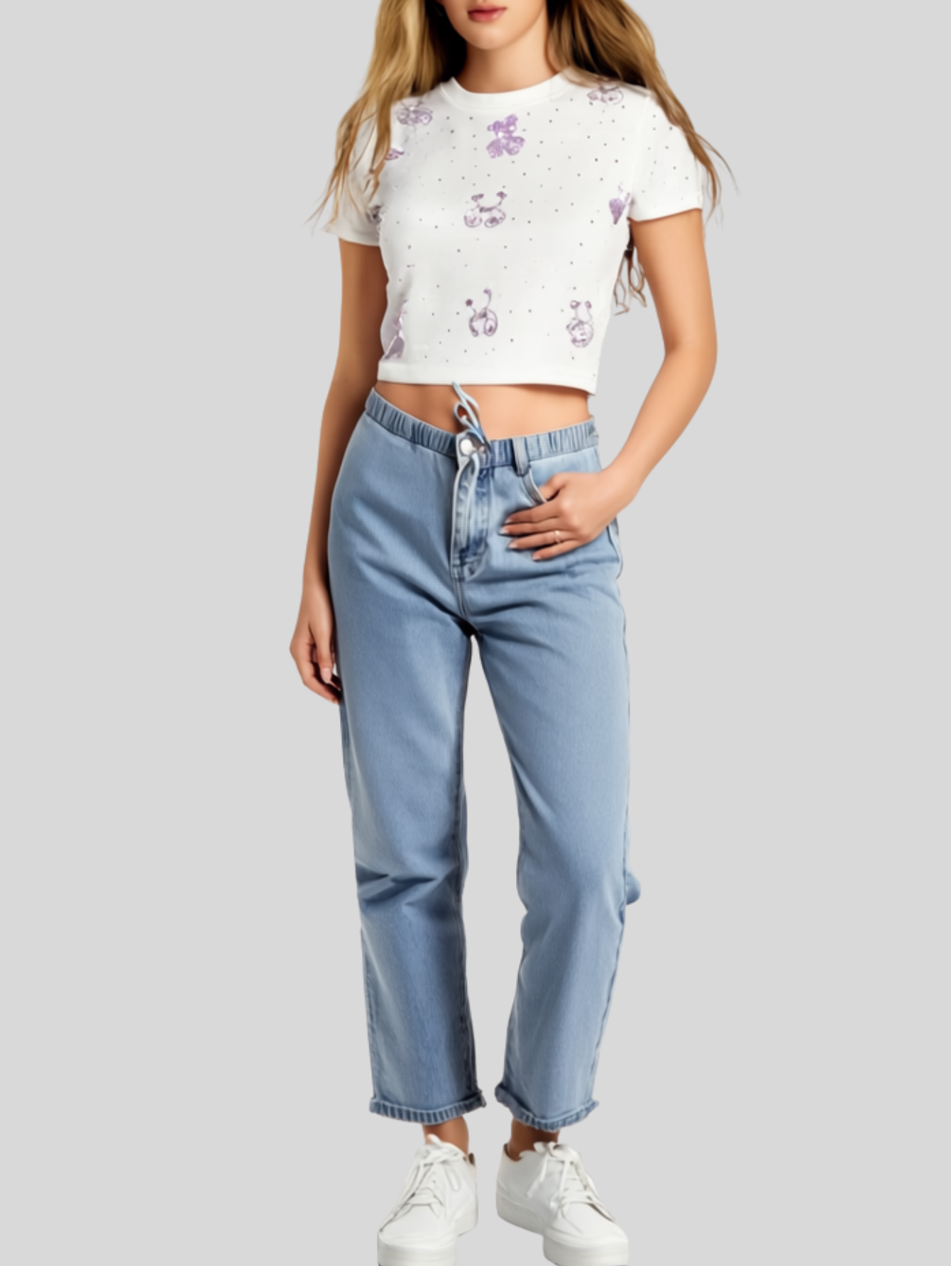 Foto 3 pulgar | Blusa Crop Top Bl-1036 Blanco Con Estampado De Ositos Y Detalles Brillantes