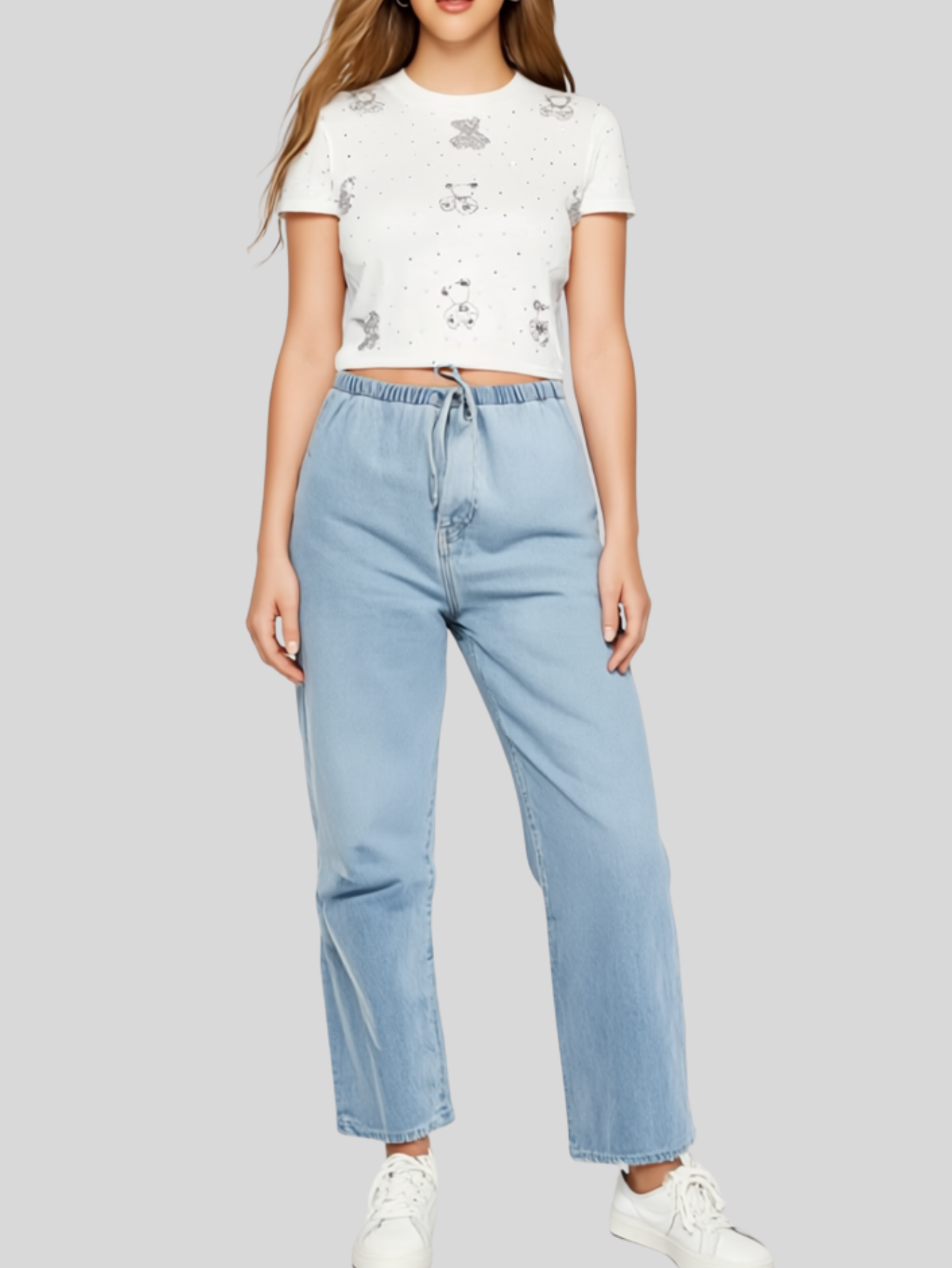 Foto 5 pulgar | Blusa Crop Top Bl-1036 Blanco Con Estampado De Ositos Y Detalles Brillantes