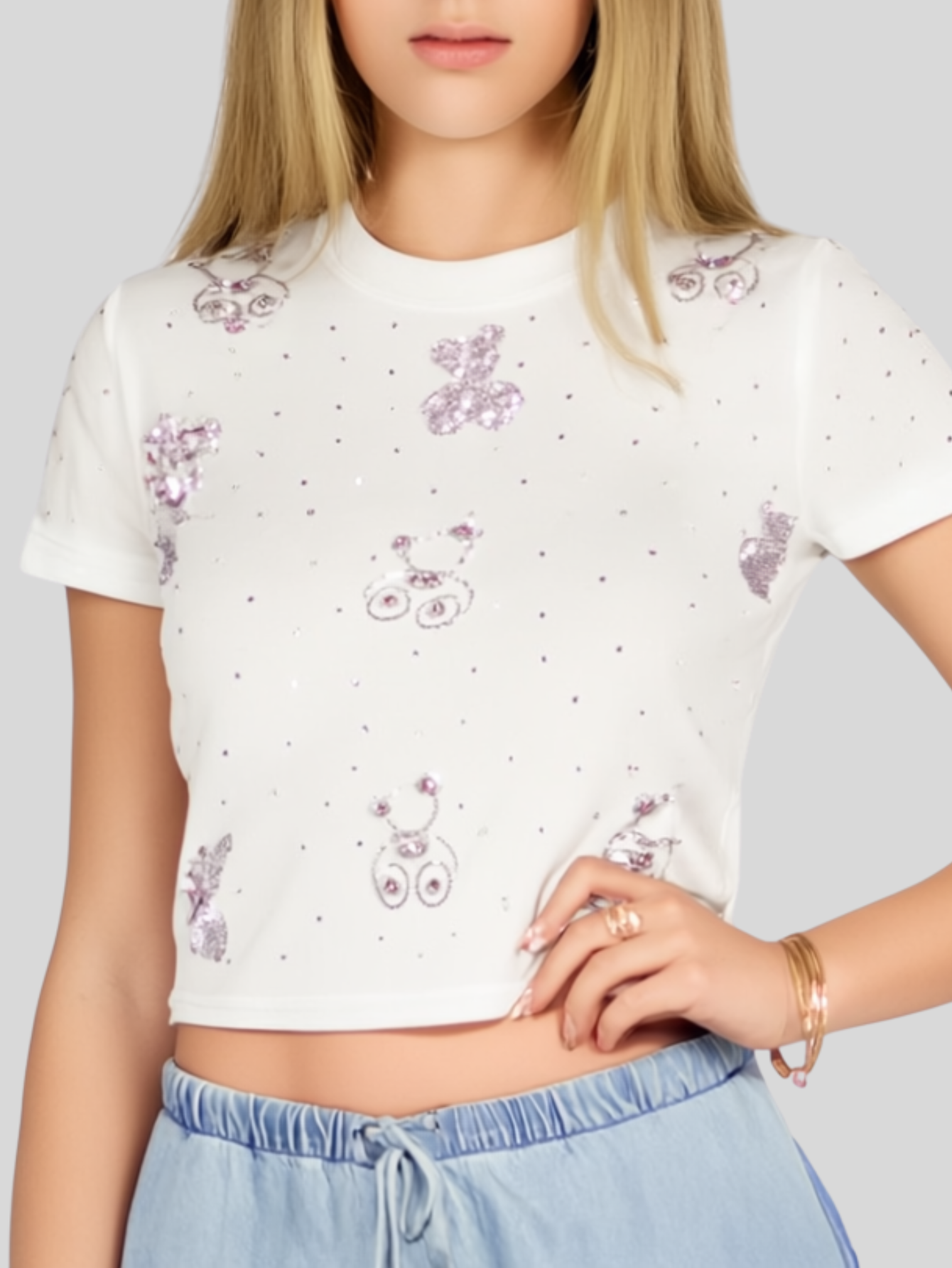 Foto 5 | Blusa Crop Top Bl-1036 Blanco Con Estampado De Ositos Y Detalles Brillantes
