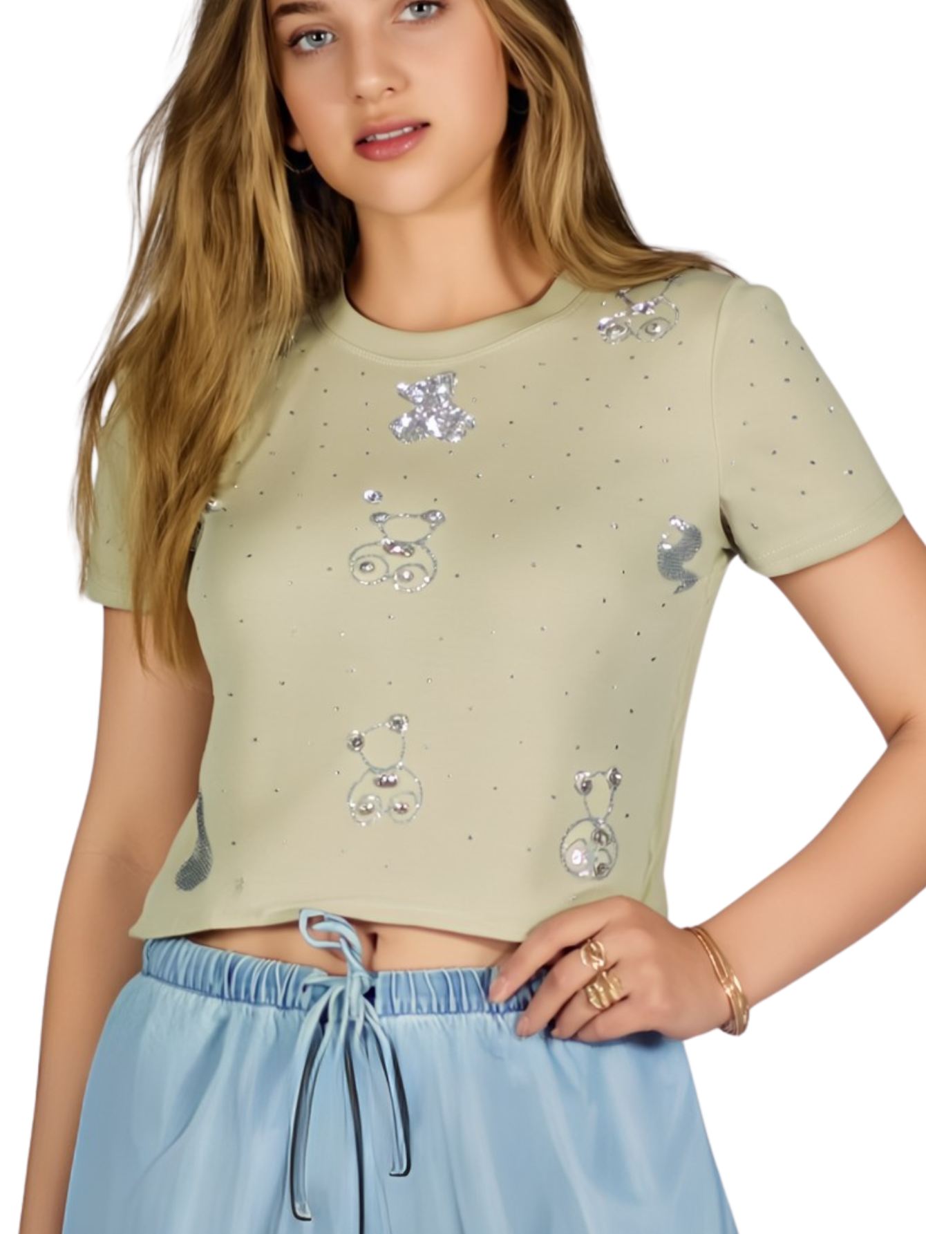 Foto 2 pulgar | Blusa Crop Top Bl-1036 Beige Con Estampado De Ositos Y Detalles Brillantes