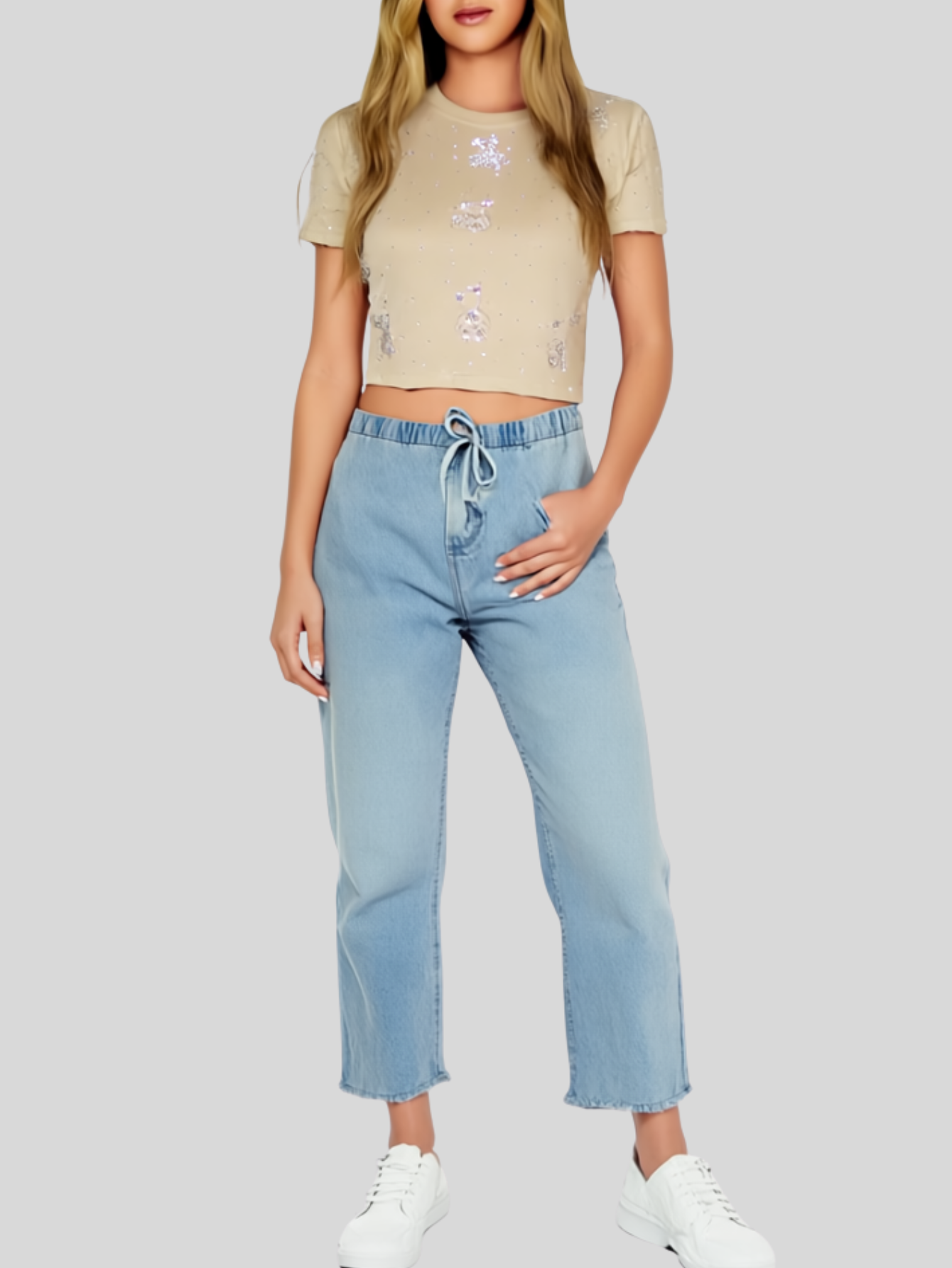 Foto 3 pulgar | Blusa Crop Top Bl-1036 Beige Con Estampado De Ositos Y Detalles Brillantes