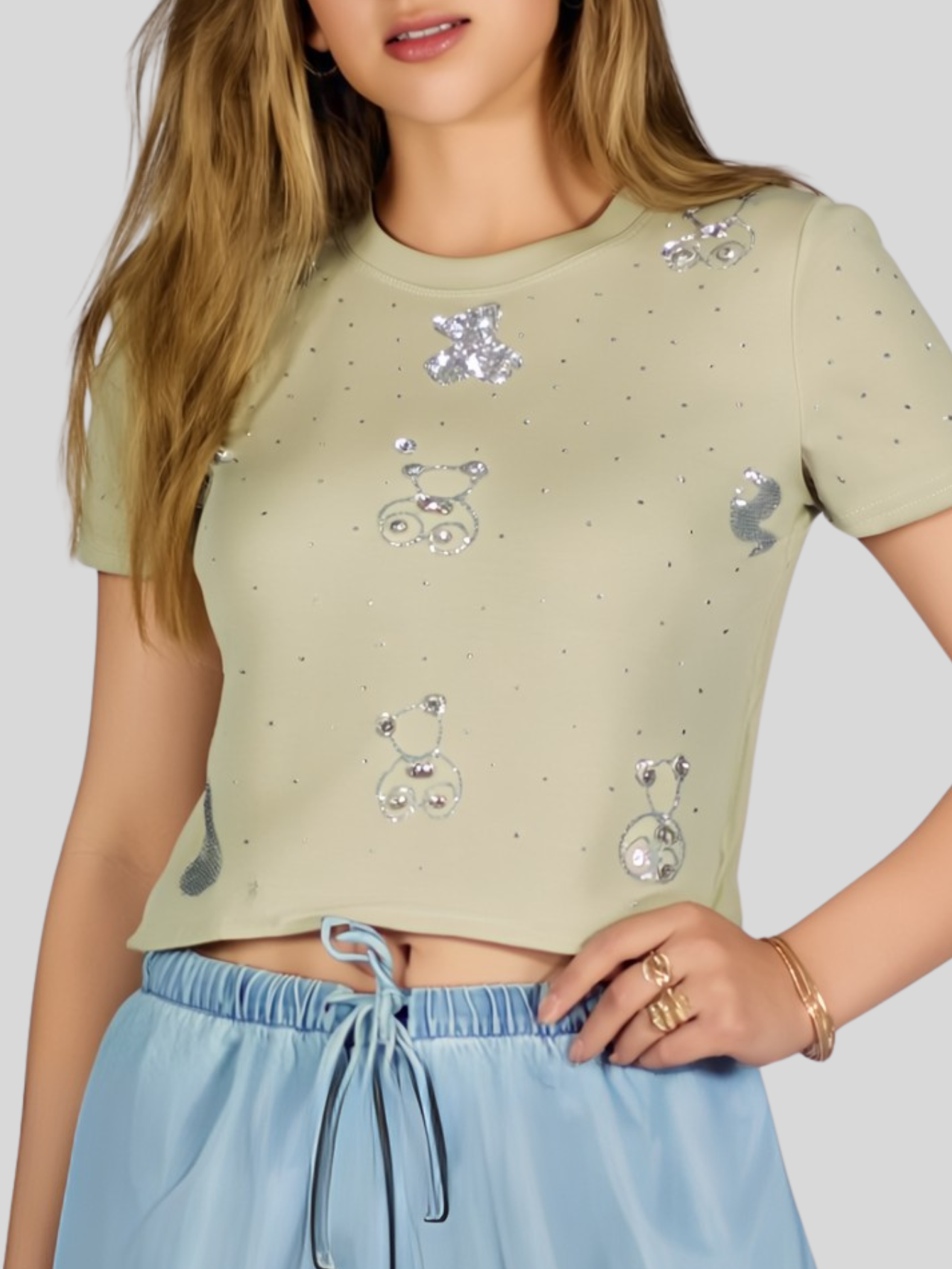 Foto 4 | Blusa Crop Top Bl-1036 Beige Con Estampado De Ositos Y Detalles Brillantes