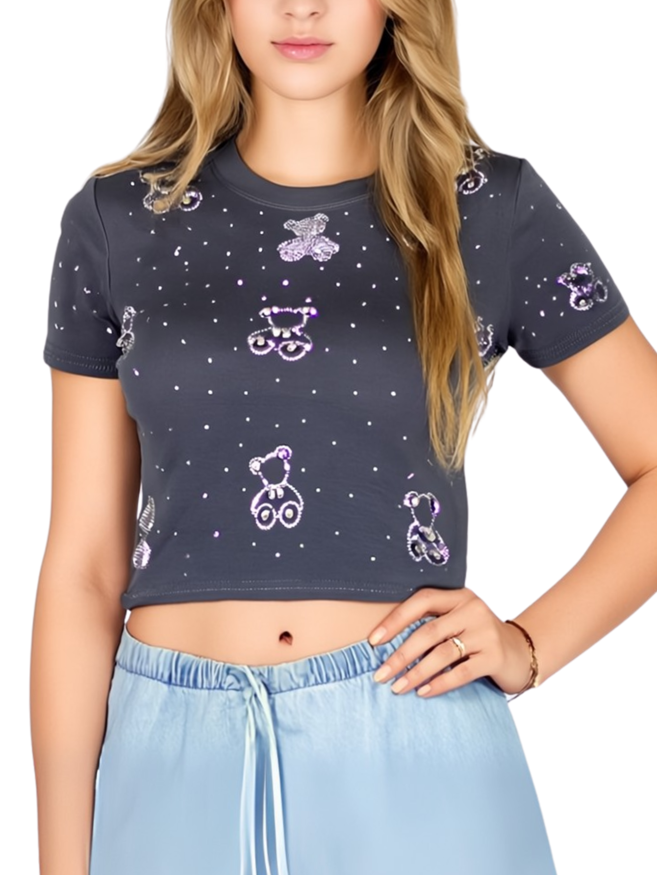 Foto 2 pulgar | Blusa Crop Top Bl-1036 Gris Oscuro Con Estampado De Ositos Y Detalles Brillantes