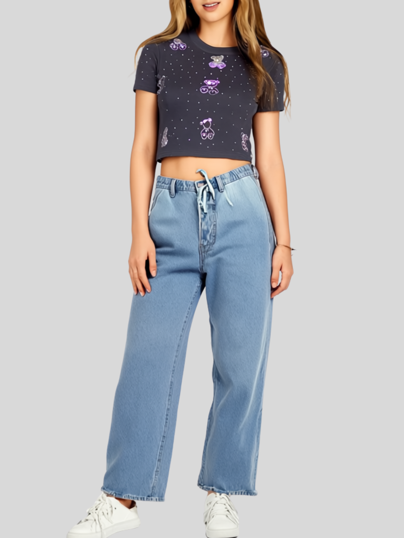 Foto 5 pulgar | Blusa Crop Top Bl-1036 Gris Oscuro Con Estampado De Ositos Y Detalles Brillantes