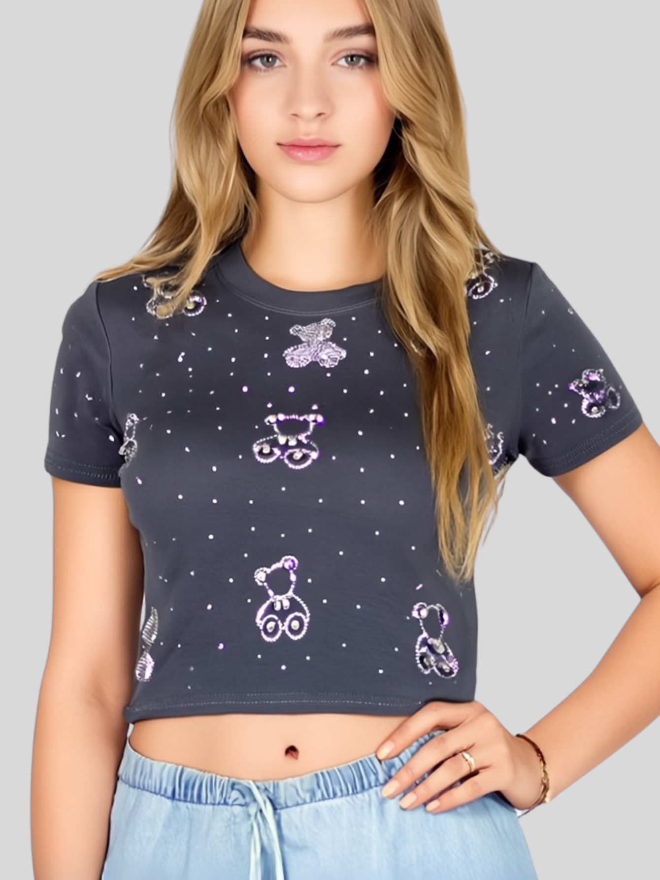 Foto 5 | Blusa Crop Top Bl-1036 Gris Oscuro Con Estampado De Ositos Y Detalles Brillantes