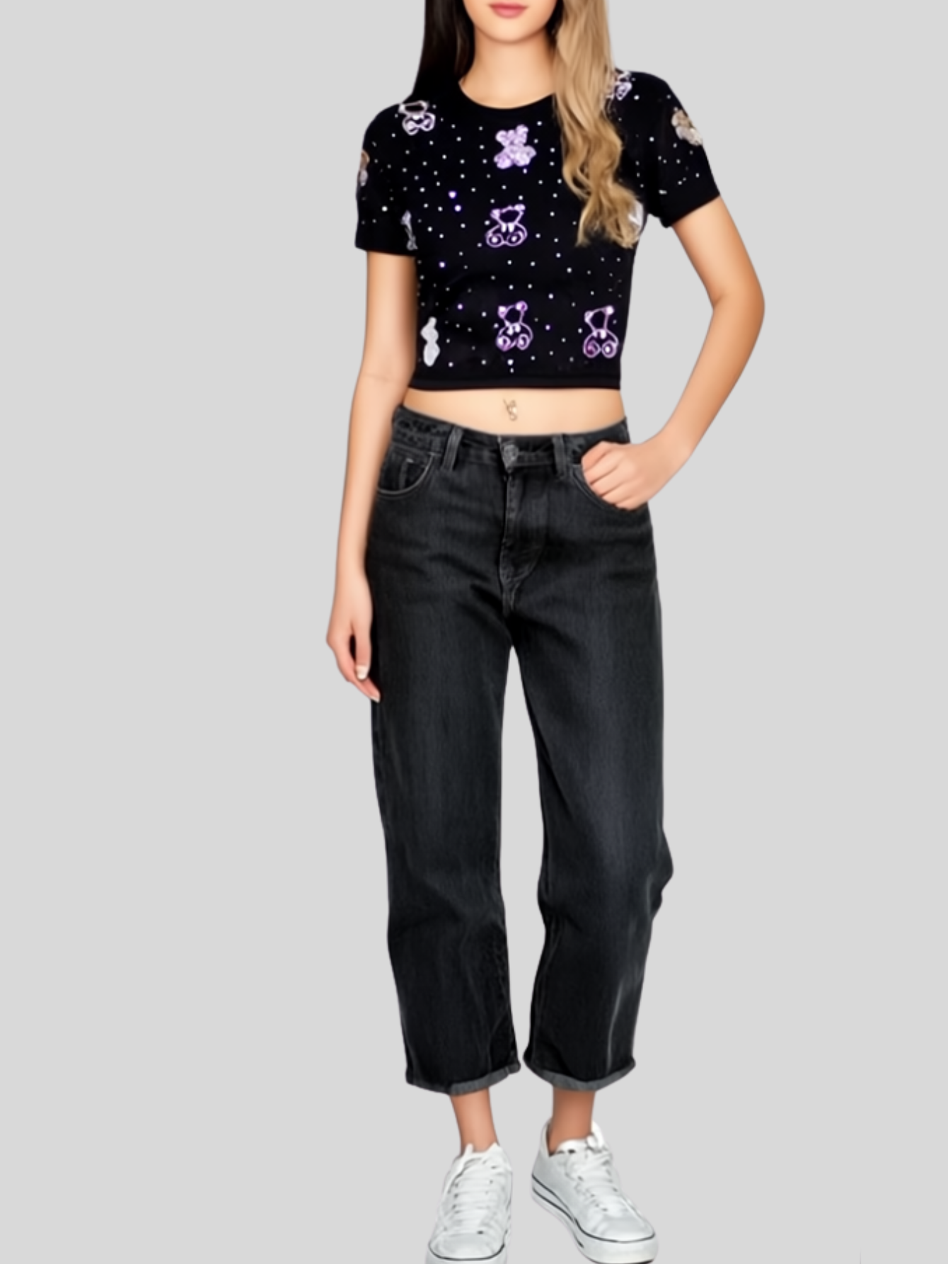 Foto 3 pulgar | Blusa Crop Top Bl-1036 Negro Con Estampado De Ositos Y Detalles Brillantes