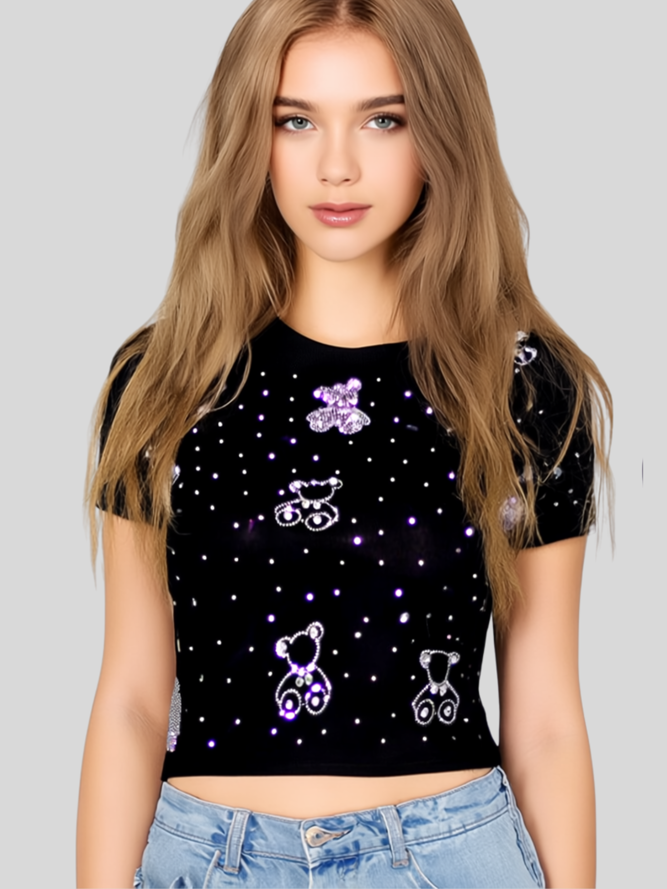 Foto 5 pulgar | Blusa Crop Top Bl-1036 Negro Con Estampado De Ositos Y Detalles Brillantes