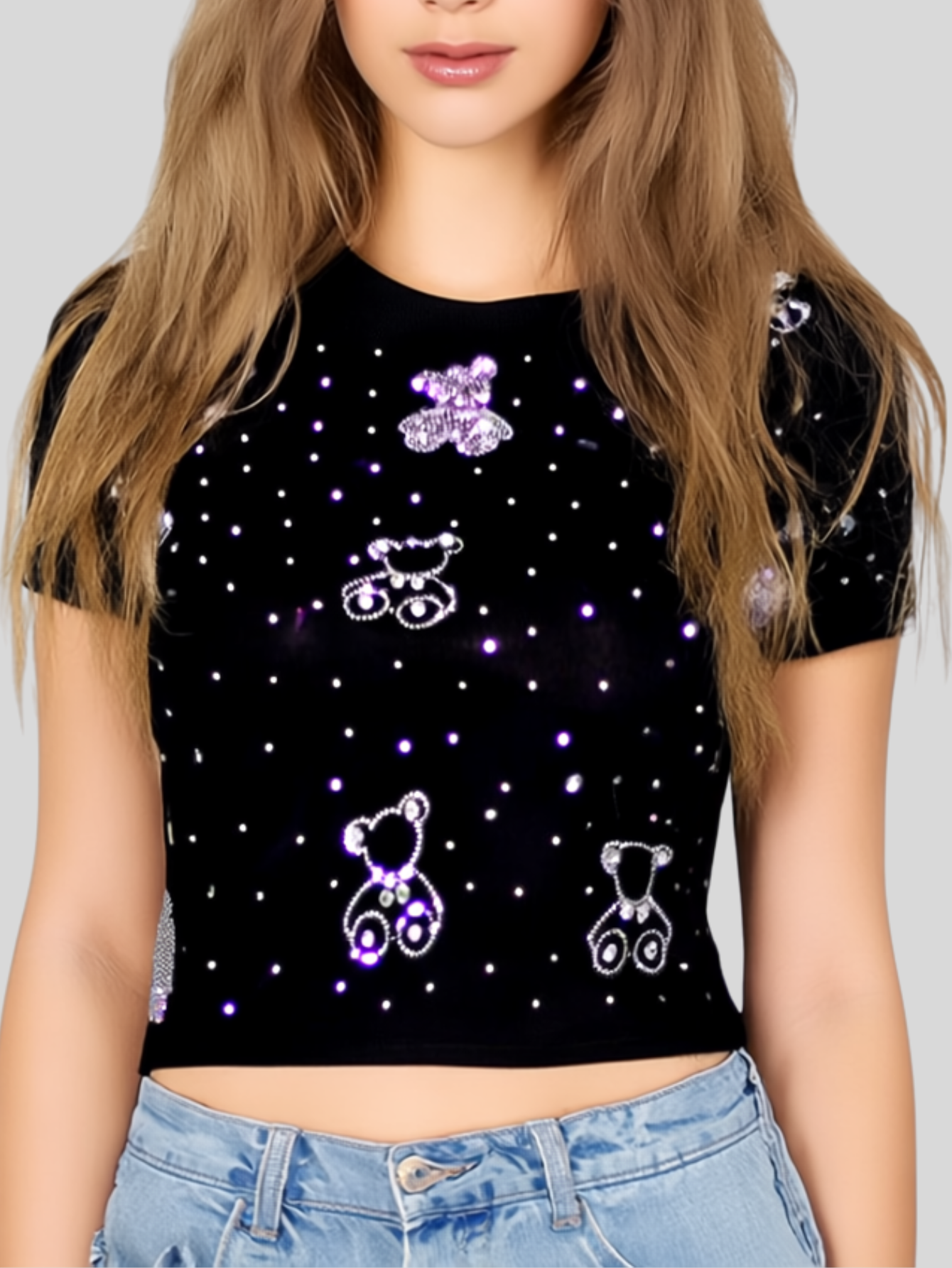 Foto 6 pulgar | Blusa Crop Top Bl-1036 Negro Con Estampado De Ositos Y Detalles Brillantes
