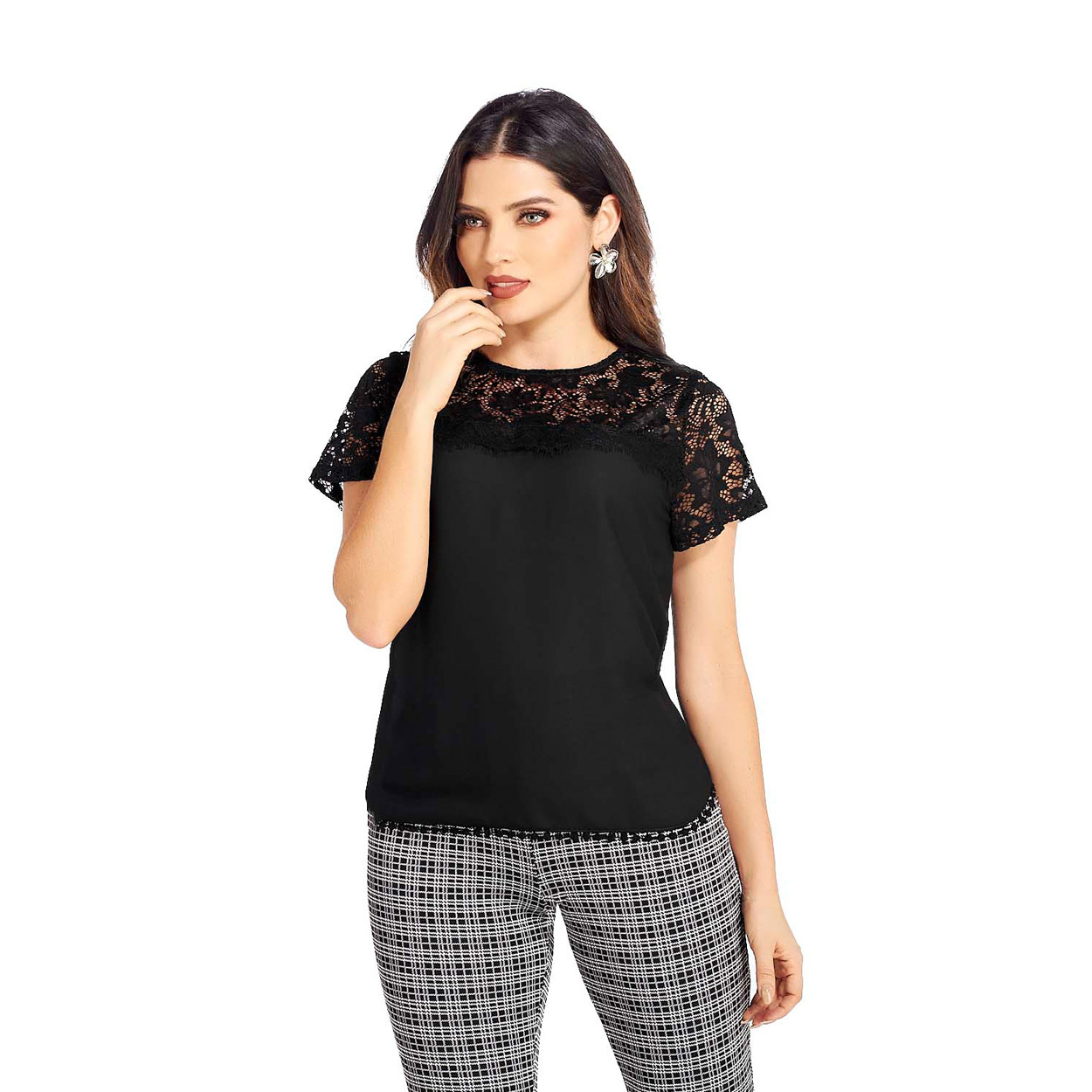 Foto 4 pulgar | Camiseta Con Encaje color Negro para Dama - Mundo Terra