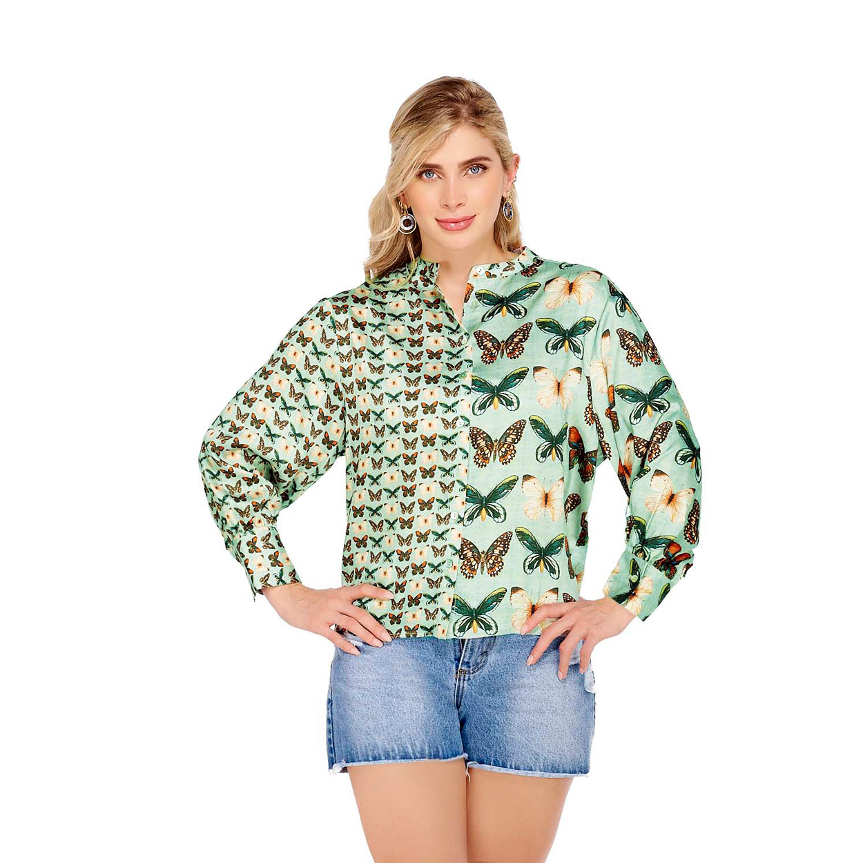 Foto 2 | Blusa con Estampado de Mariposas de Hombros Caídos - Mundo Terra