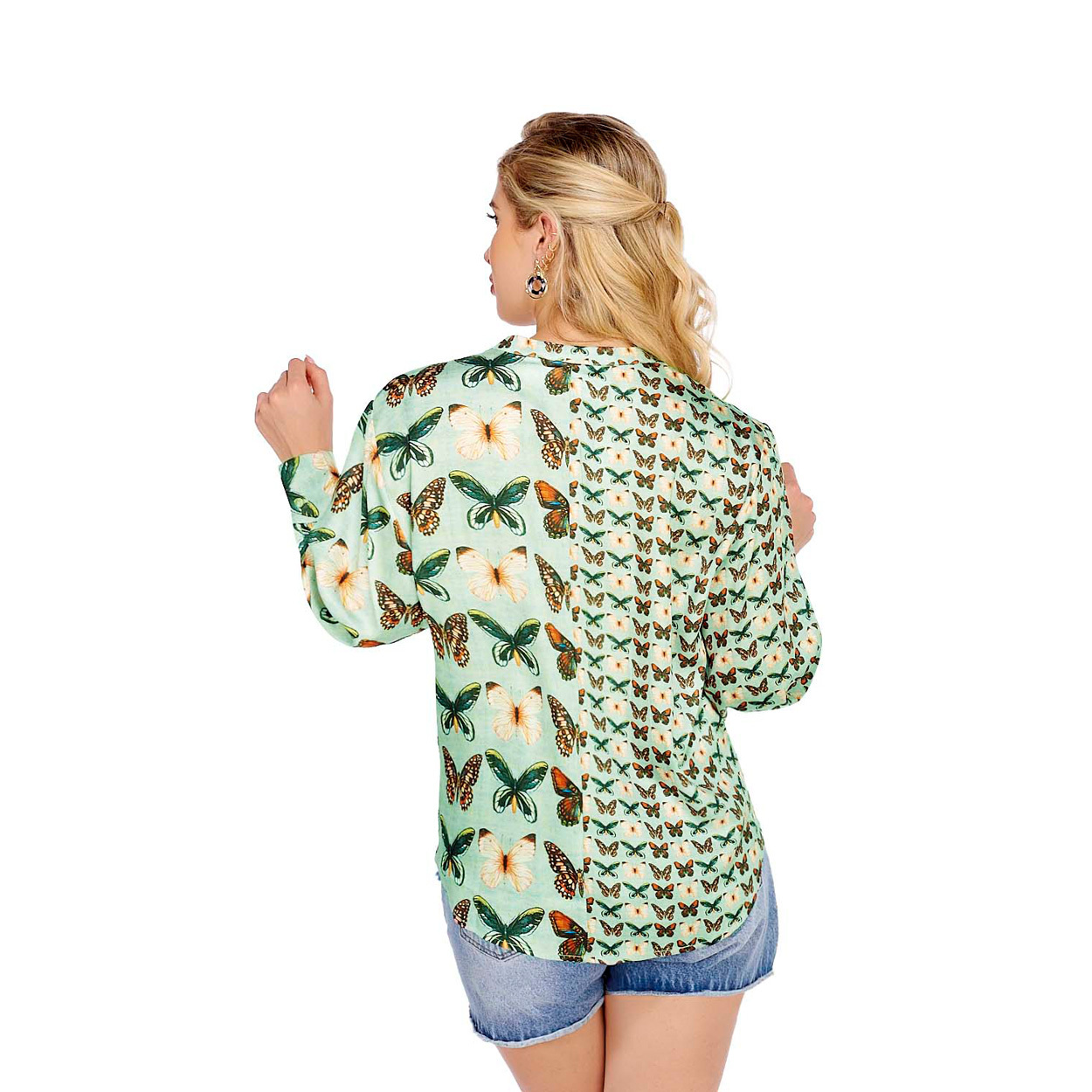 Foto 3 | Blusa con Estampado de Mariposas de Hombros Caídos - Mundo Terra