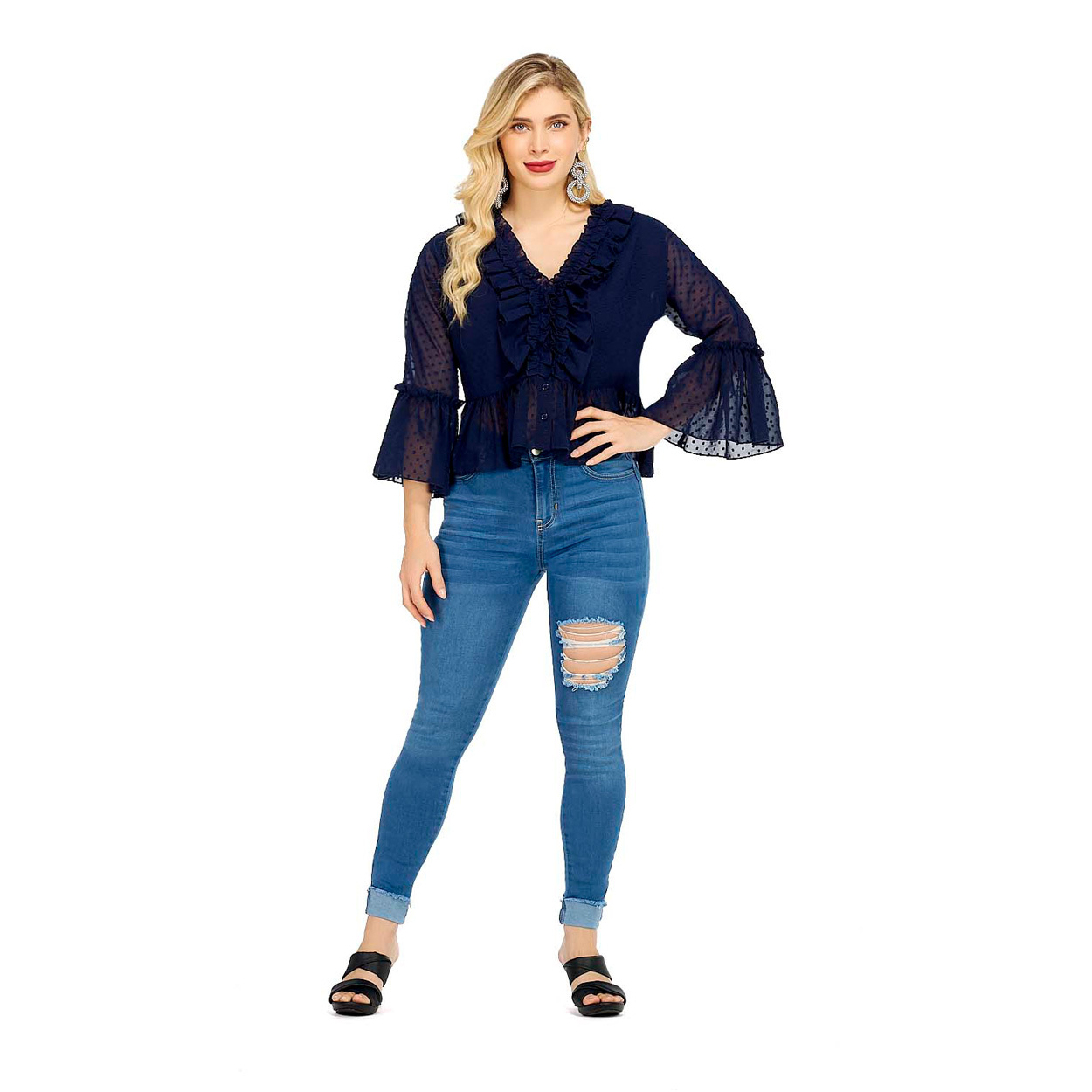 Blusa De Lunares Con Encaje Ribete Con Fruncido De Manga Con Volante - Mundo Terra