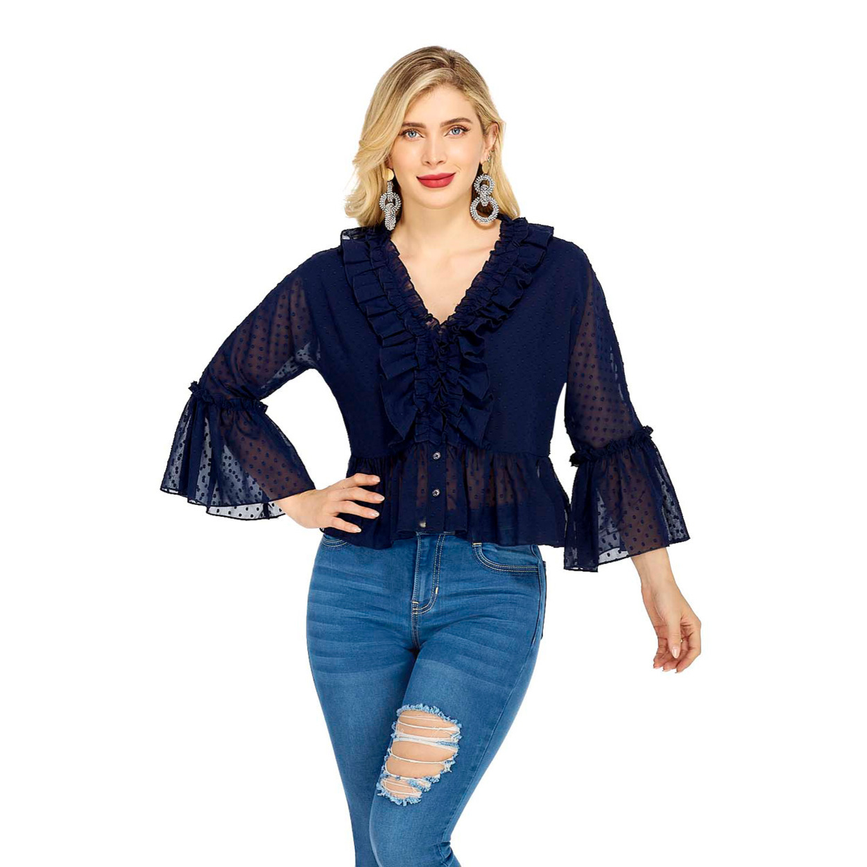 Foto 2 | Blusa De Lunares Con Encaje Ribete Con Fruncido De Manga Con Volante - Mundo Terra