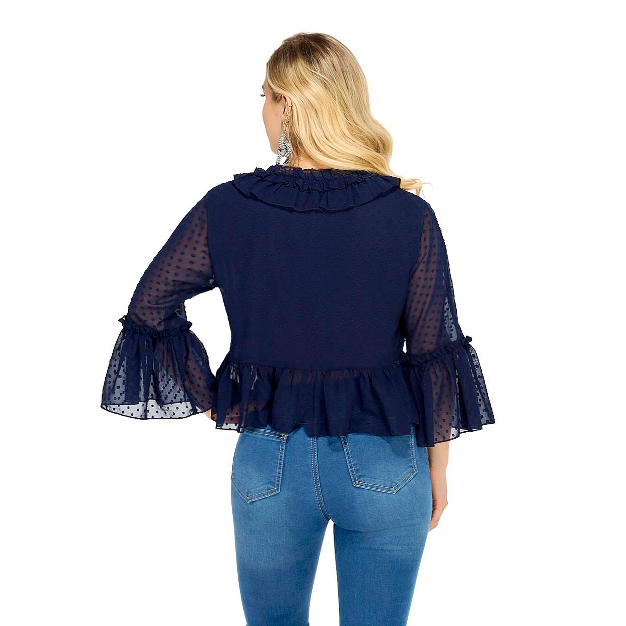 Foto 4 pulgar | Blusa De Lunares Con Encaje Ribete Con Fruncido De Manga Con Volante - Mundo Terra