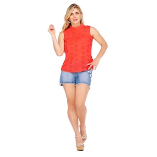 Foto 1 | Camisa Sin Manga Mundo Terra para Dama color Coral Bordado de Ojal con Cuello