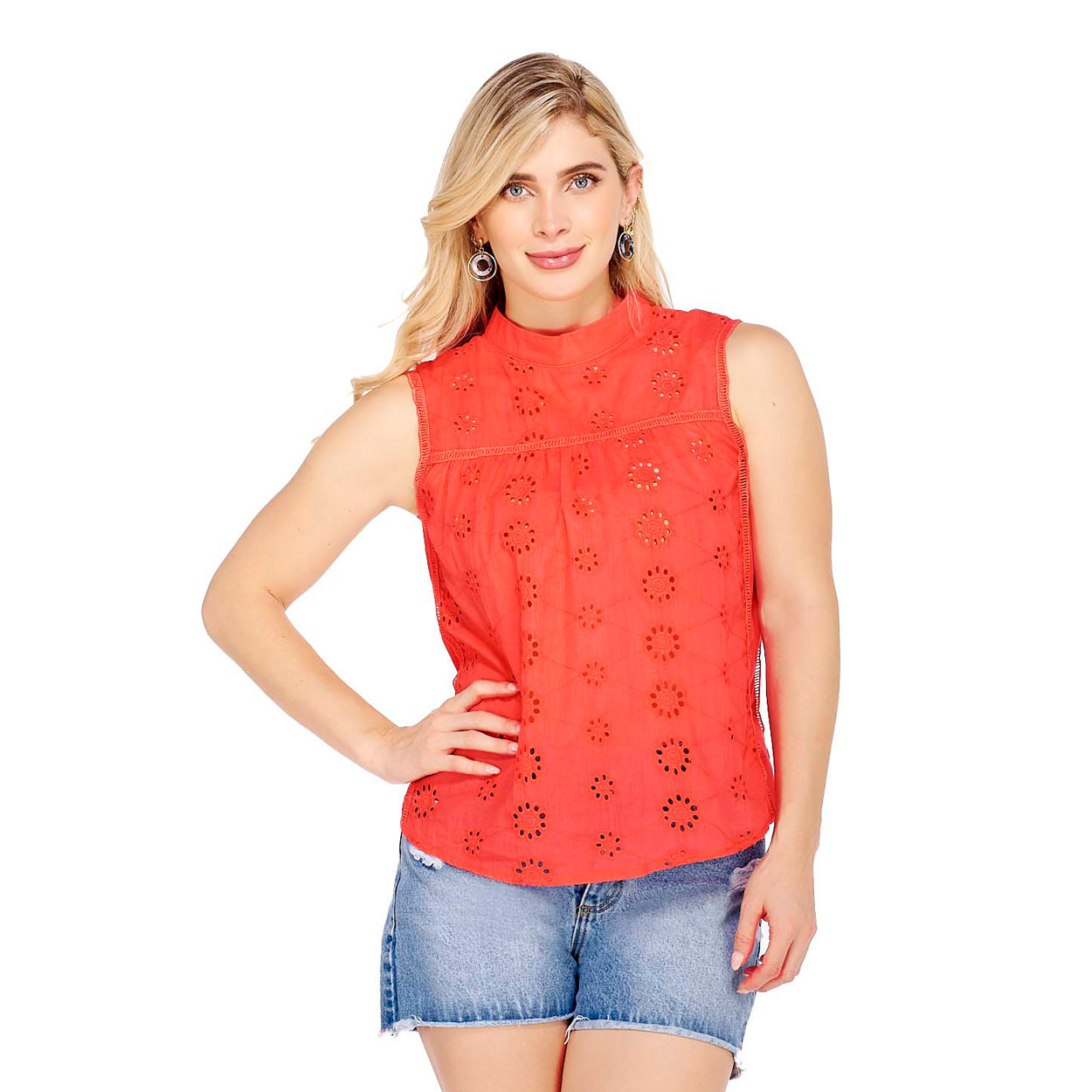 Foto 3 pulgar | Camisa Sin Manga Mundo Terra para Dama color Coral Bordado de Ojal con Cuello