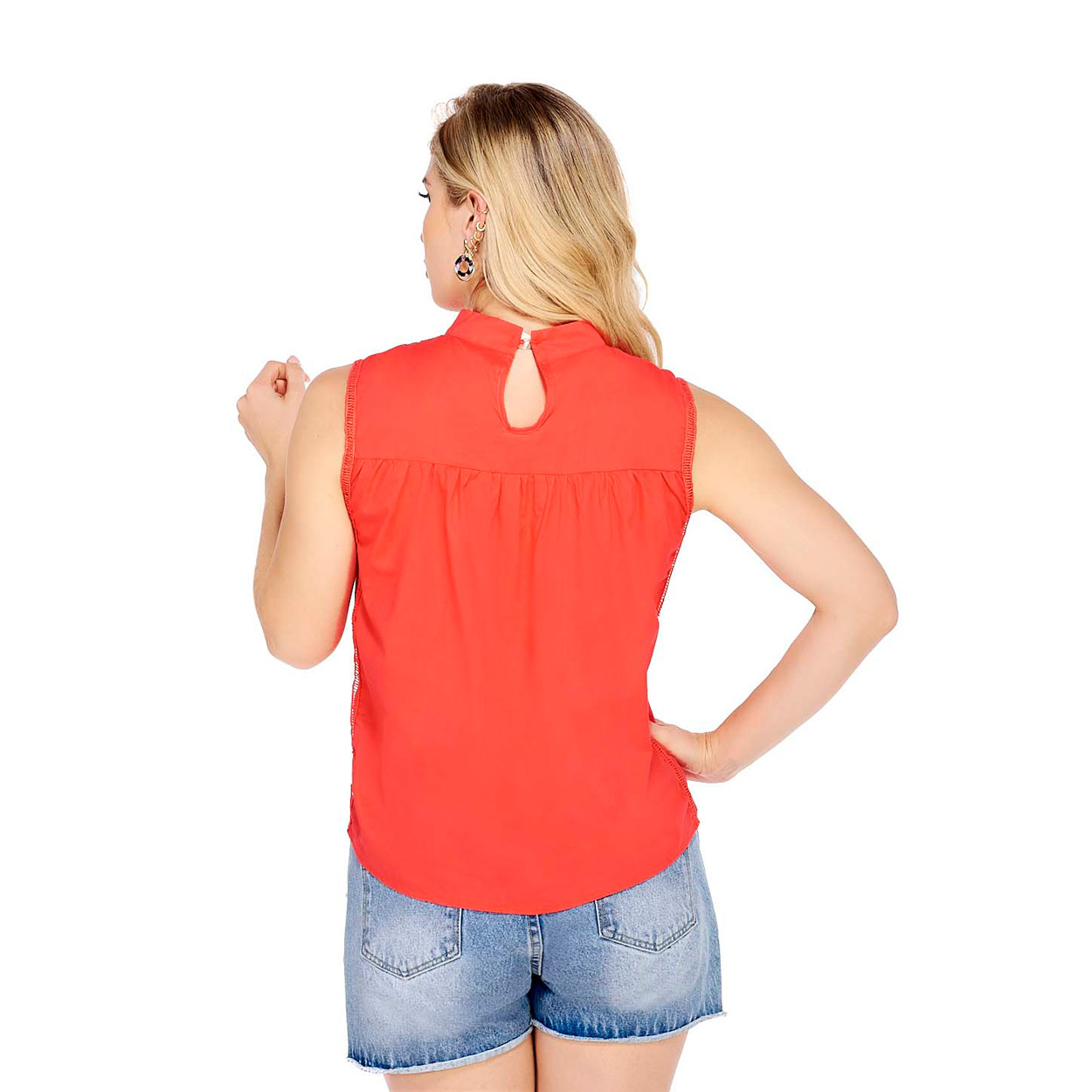 Foto 4 pulgar | Camisa Sin Manga Mundo Terra para Dama color Coral Bordado de Ojal con Cuello