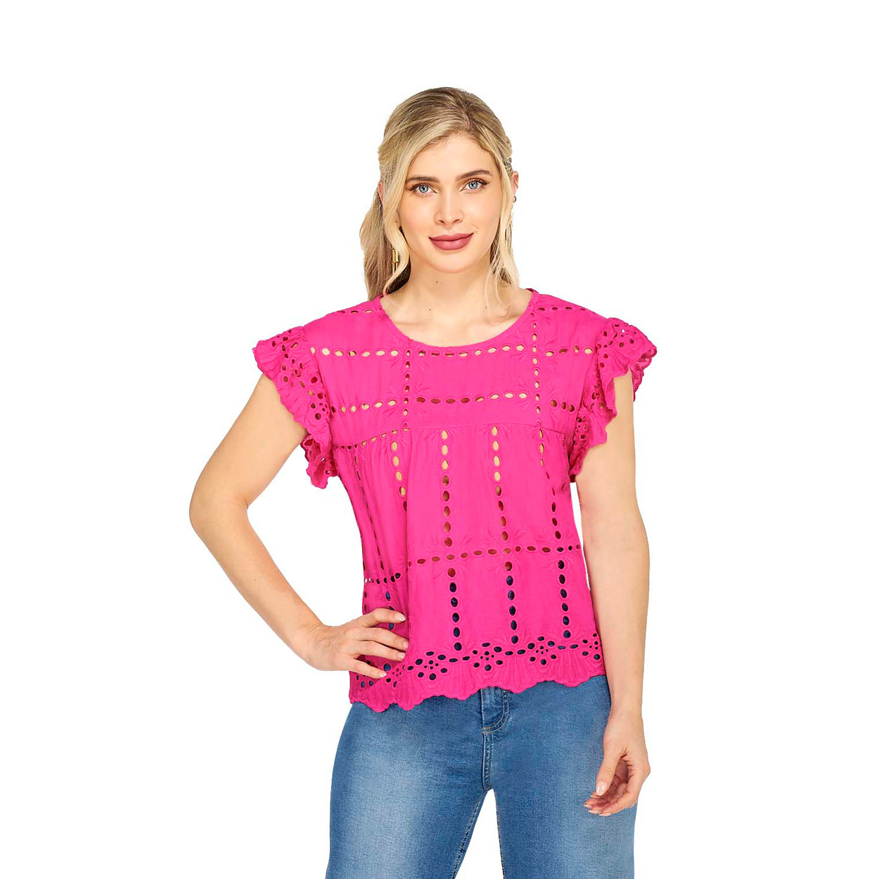 Foto 3 pulgar | Camiseta de Manga Con Bordado Con Ojal para Dama - Mundo Terra