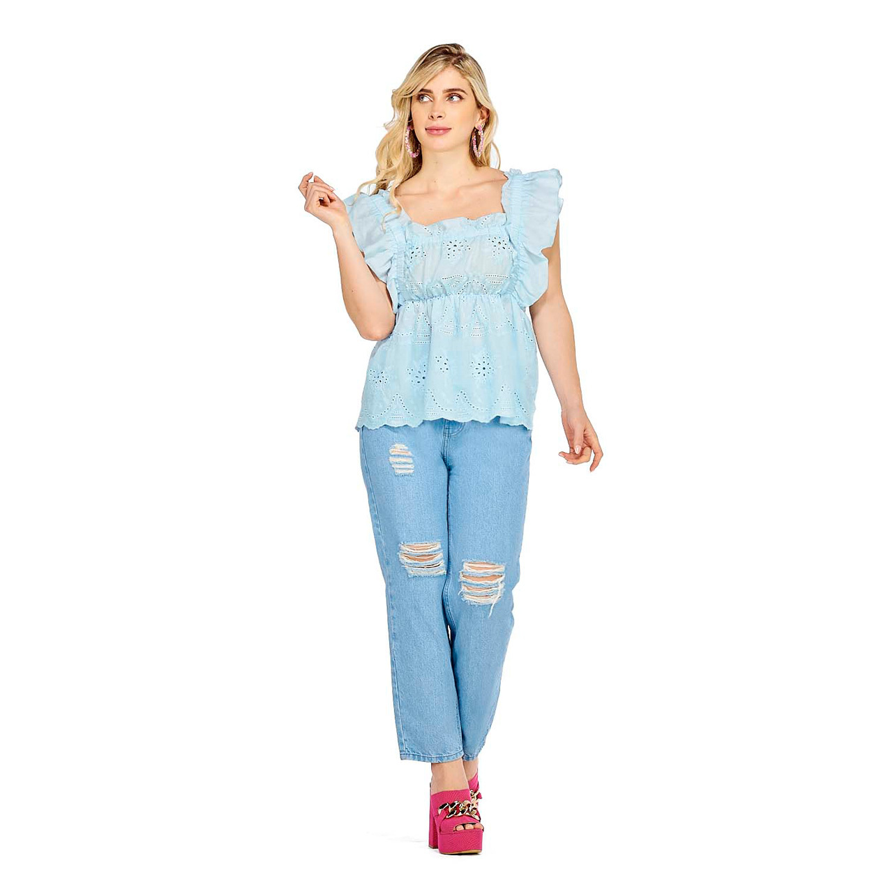 Camiseta Bordado con Ojal De Manga con Volante - Mundo Terra