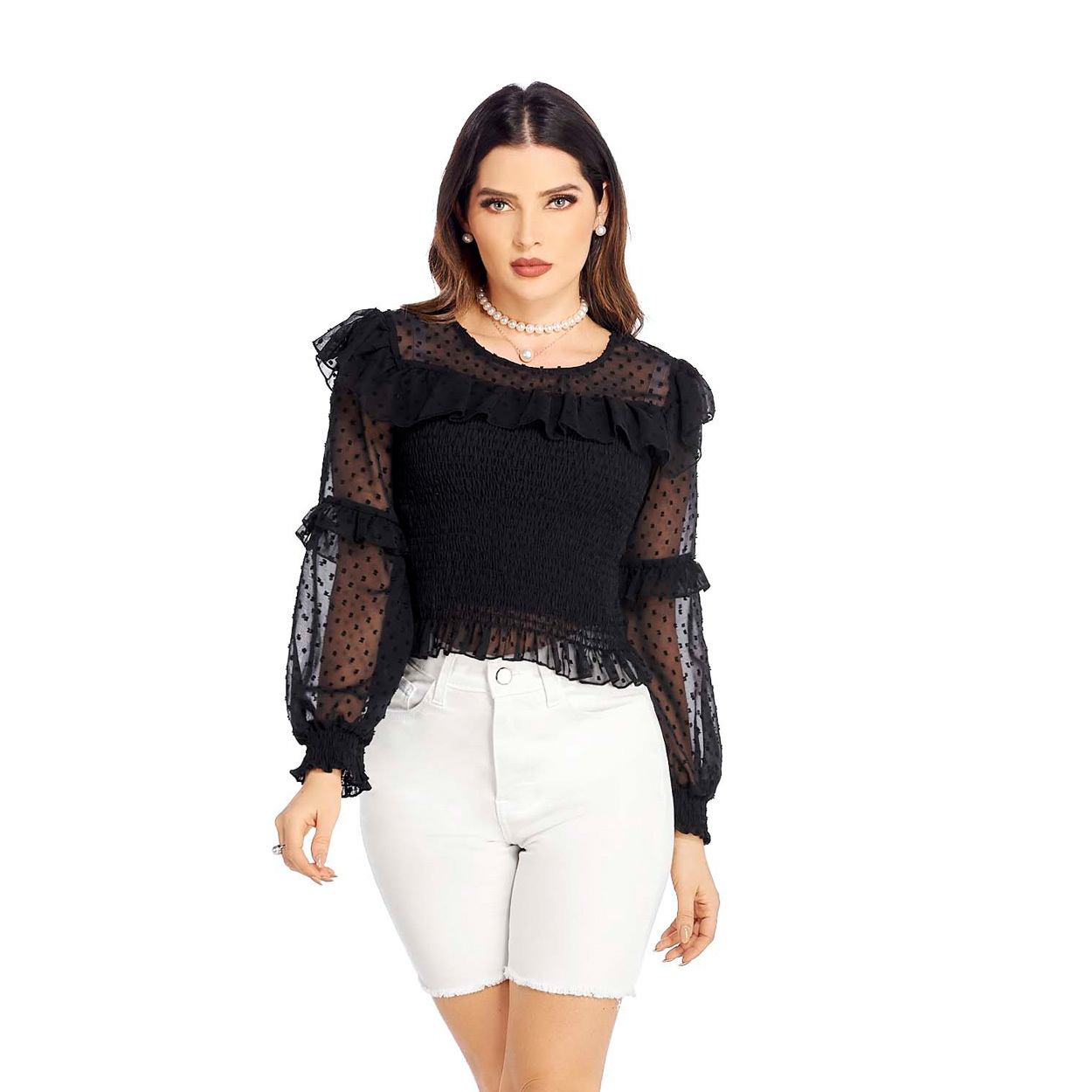 Foto 2 | Blusa de Lunares De Manga Con Volante para Dama - Mundo Terra
