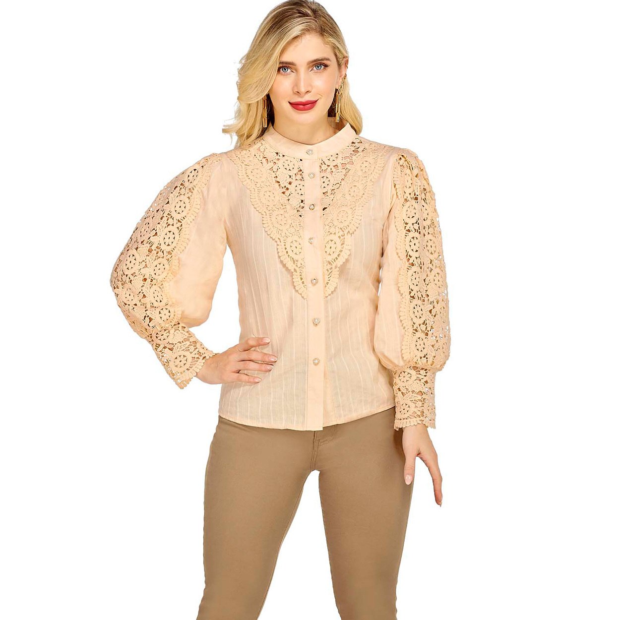 Foto 3 pulgar | Blusa con Volante con Encaje con Botón y Cuello - Mundo Terra