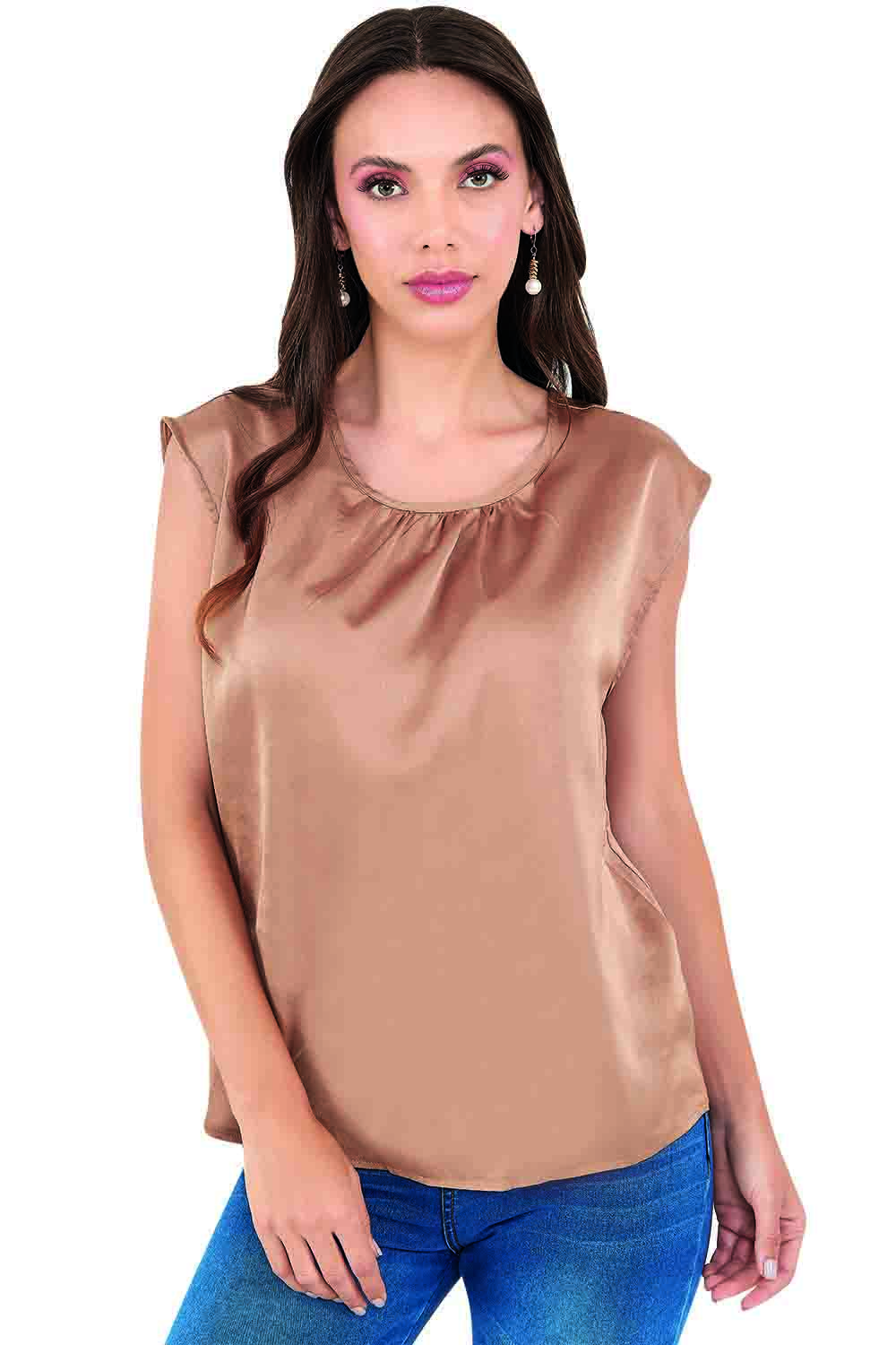 Blusa Devendi Marrón de Satín para Mujer