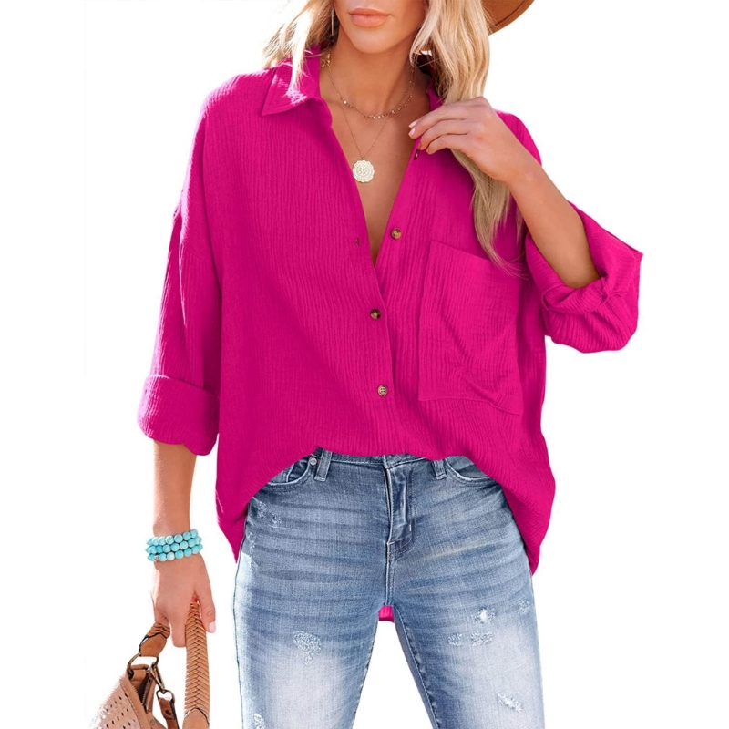 Venta Internacional- Camisa Vintage de Manga Larga con Botones Rosa para Mujer