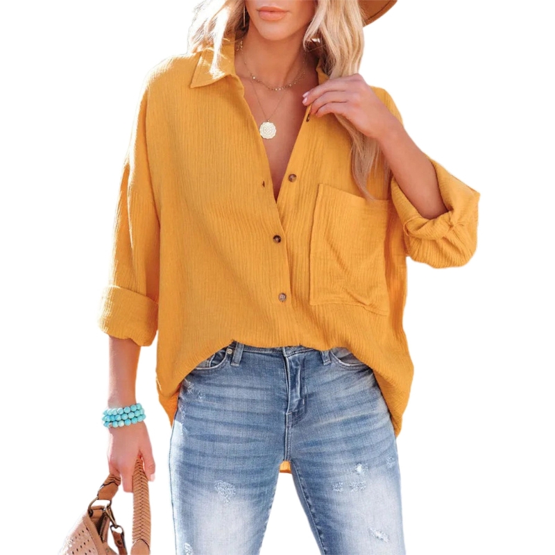 Venta Internacional- Camisa Vintage de Manga Larga Naranja con Botones para Mujer