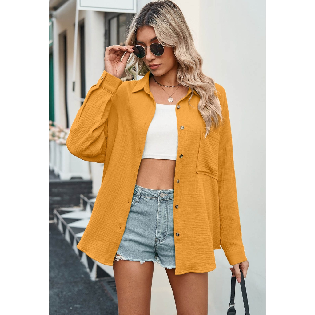 Foto 6 pulgar | Venta Internacional- Camisa Vintage de Manga Larga Naranja con Botones para Mujer