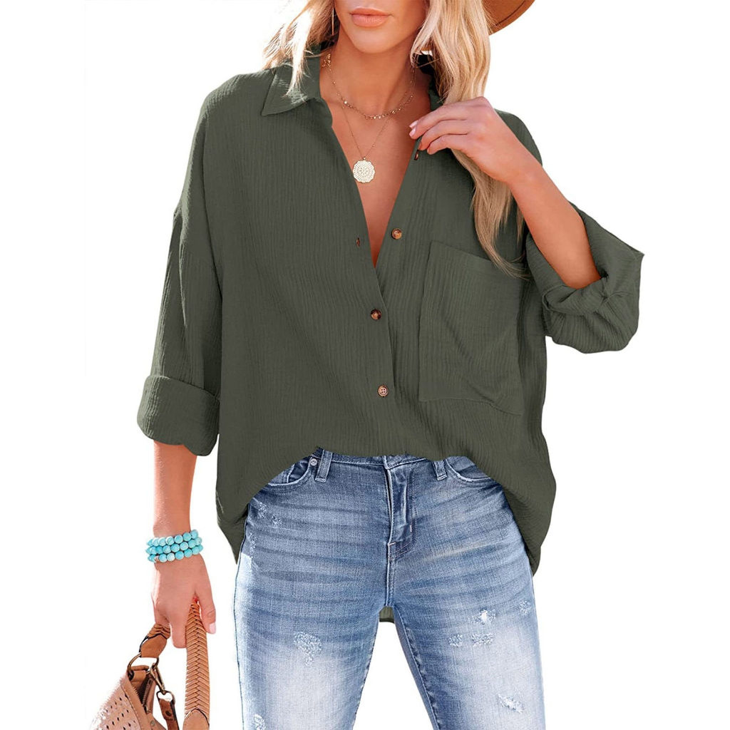 Venta Internacional- Camisa Vintage de Manga Larga con Botones Verde para Mujer