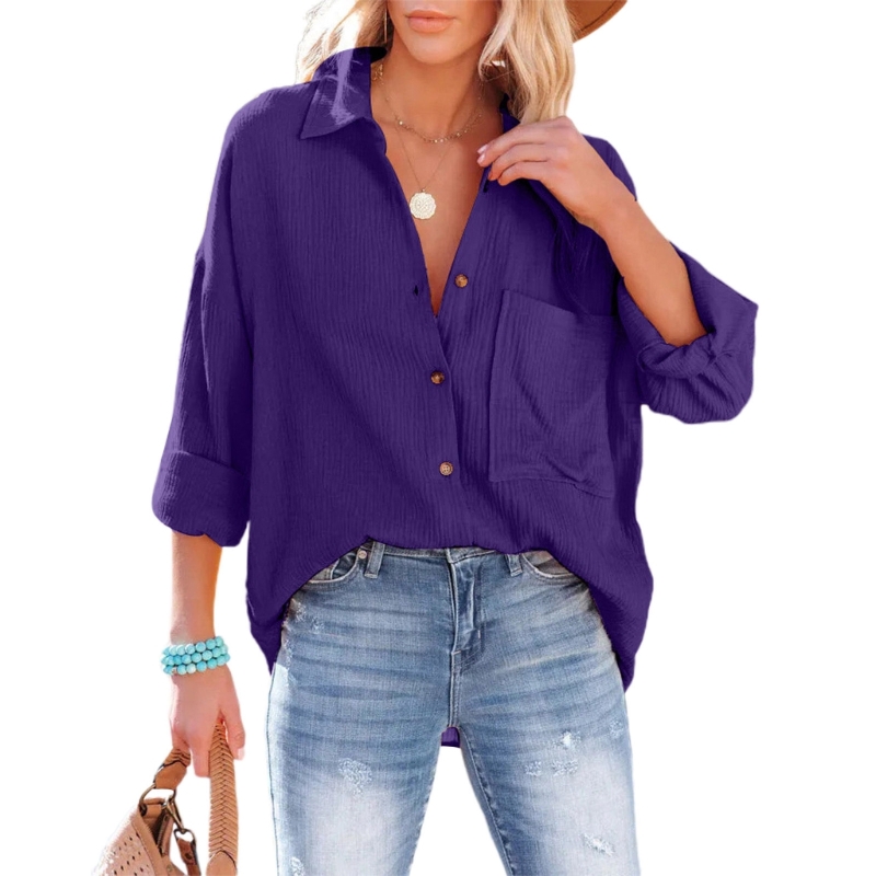 Venta Internacional- Camisa Vintage de Manga Larga Púrpura con Botones para Mujer
