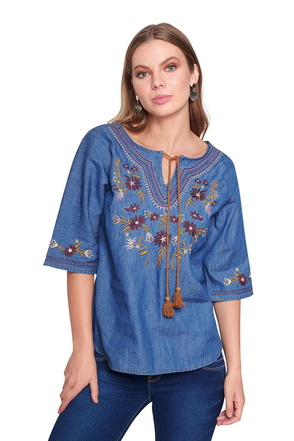 Blusa Devendi Color Azul Mezclilla Bordada