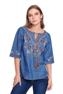 Foto 1 | Blusa Devendi Color Azul Mezclilla Bordada