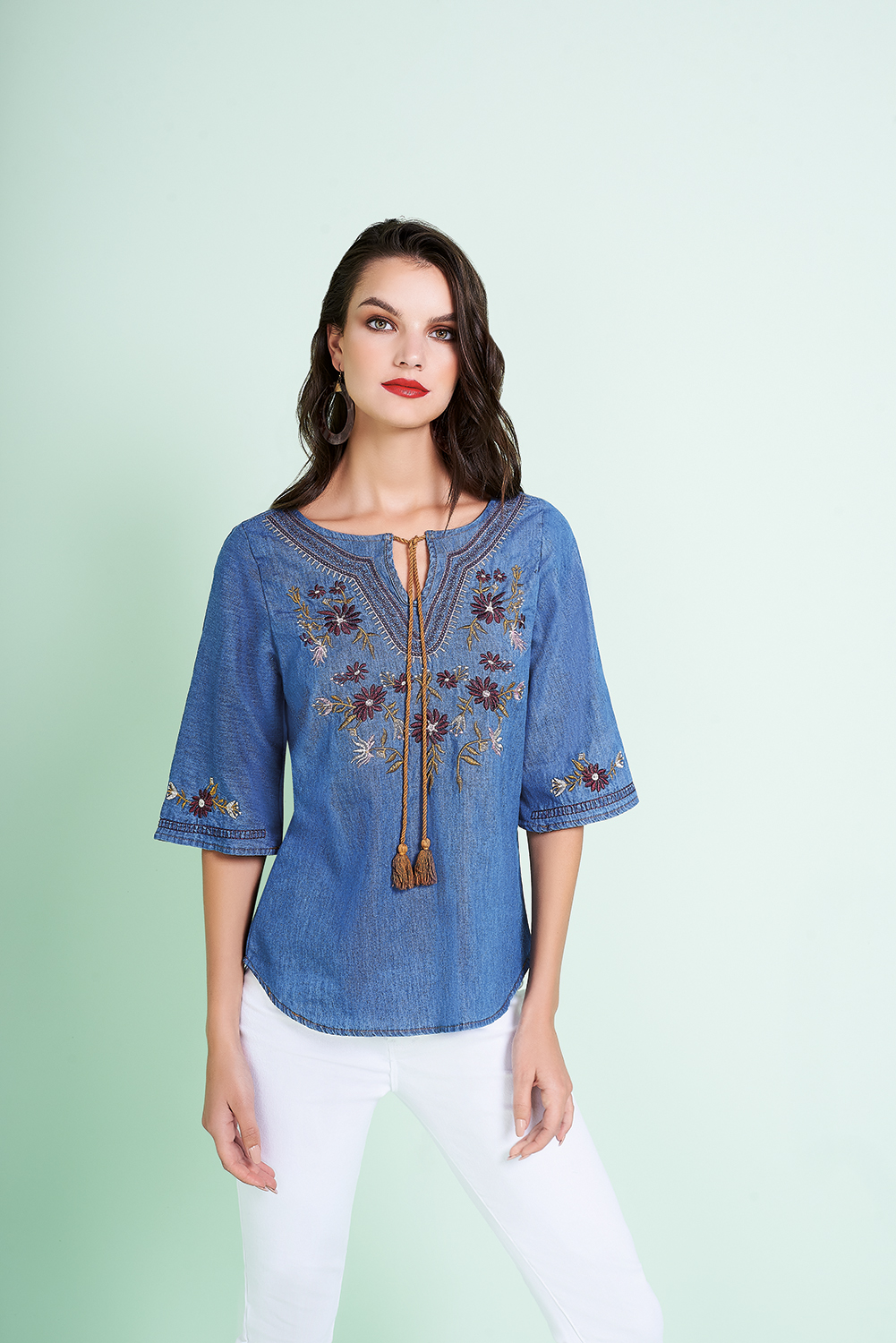 Foto 3 | Blusa Devendi Color Azul Mezclilla Bordada