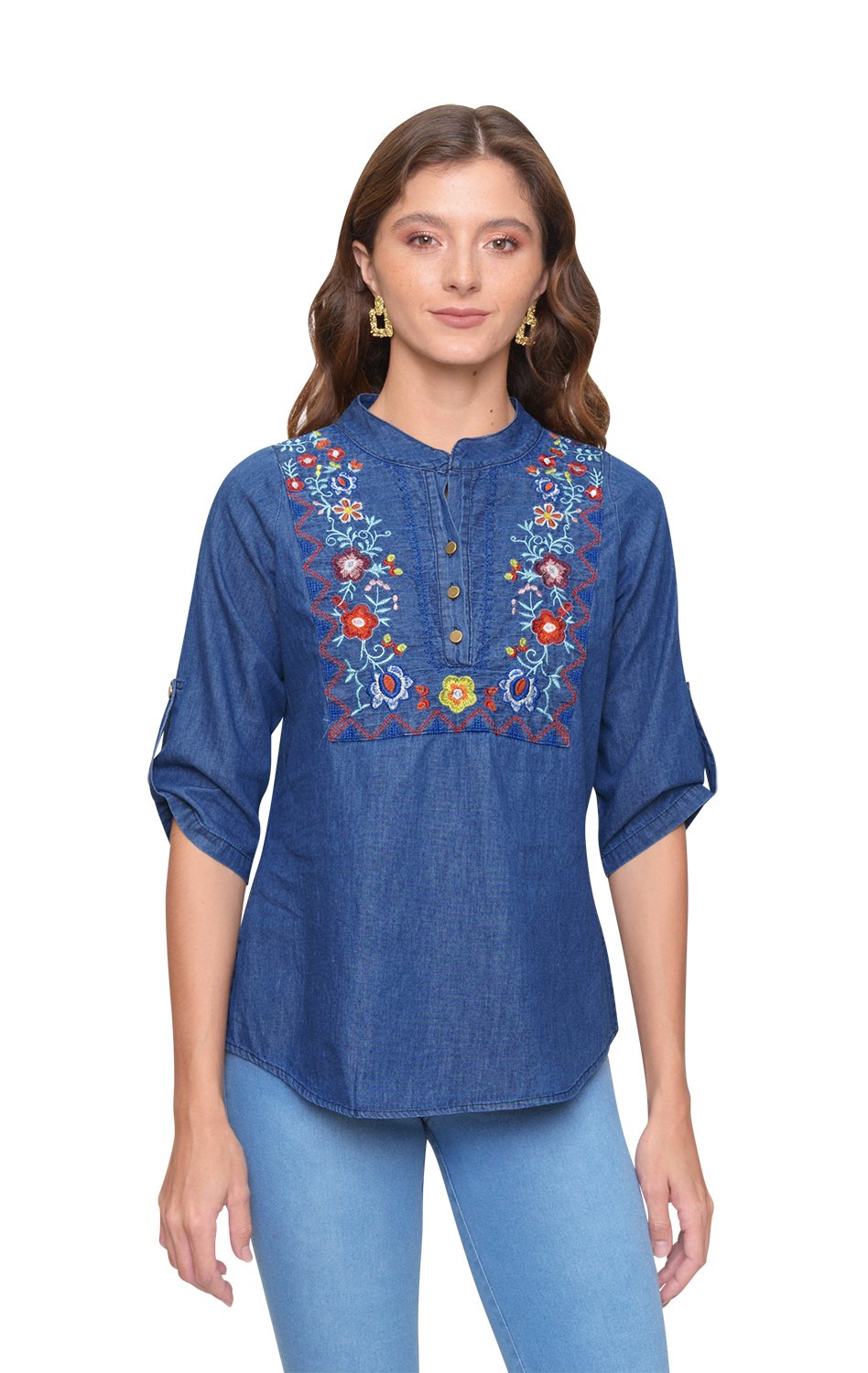 Blusa Devendi Azul Mezclilla Bordado Flores