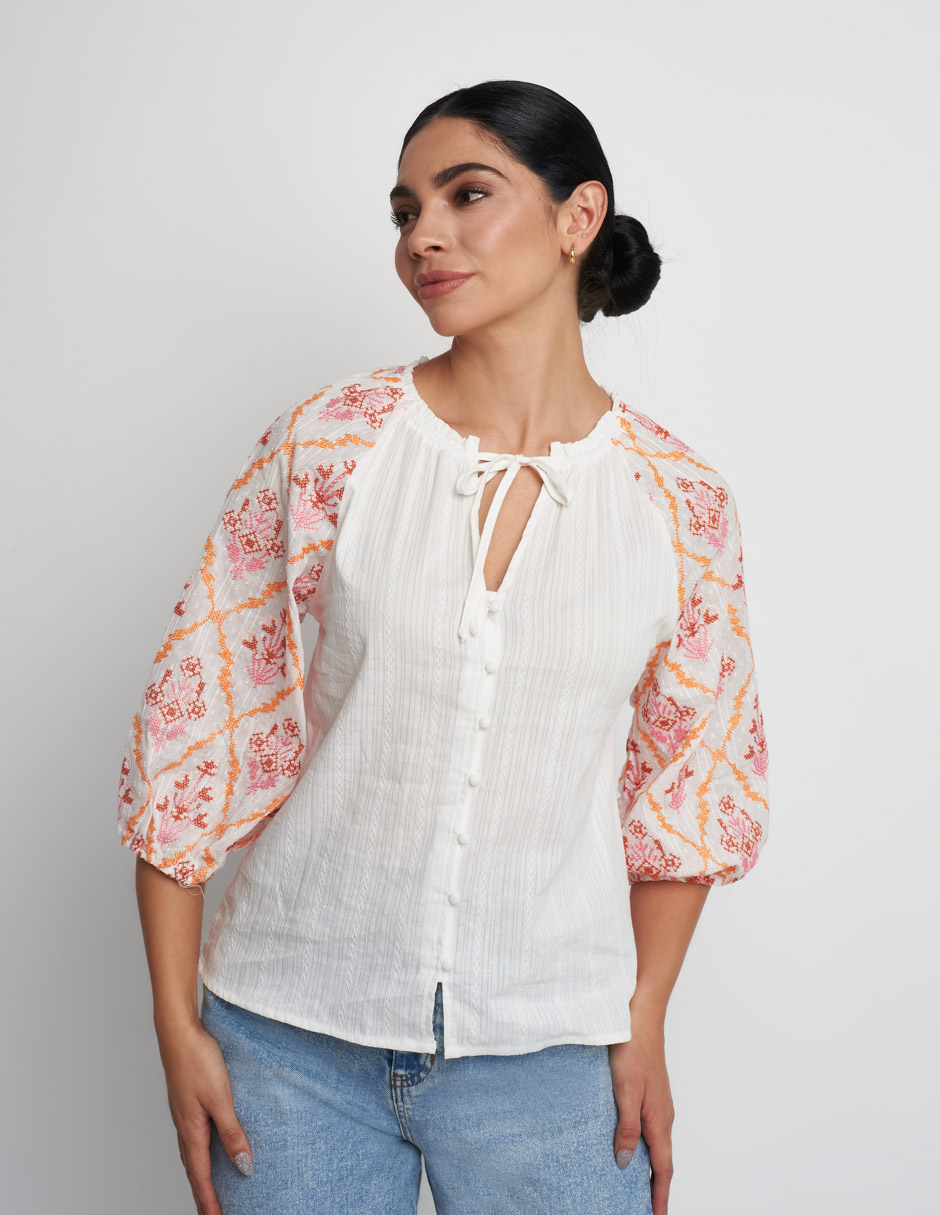 Blusa Devendi Blanca Bordada