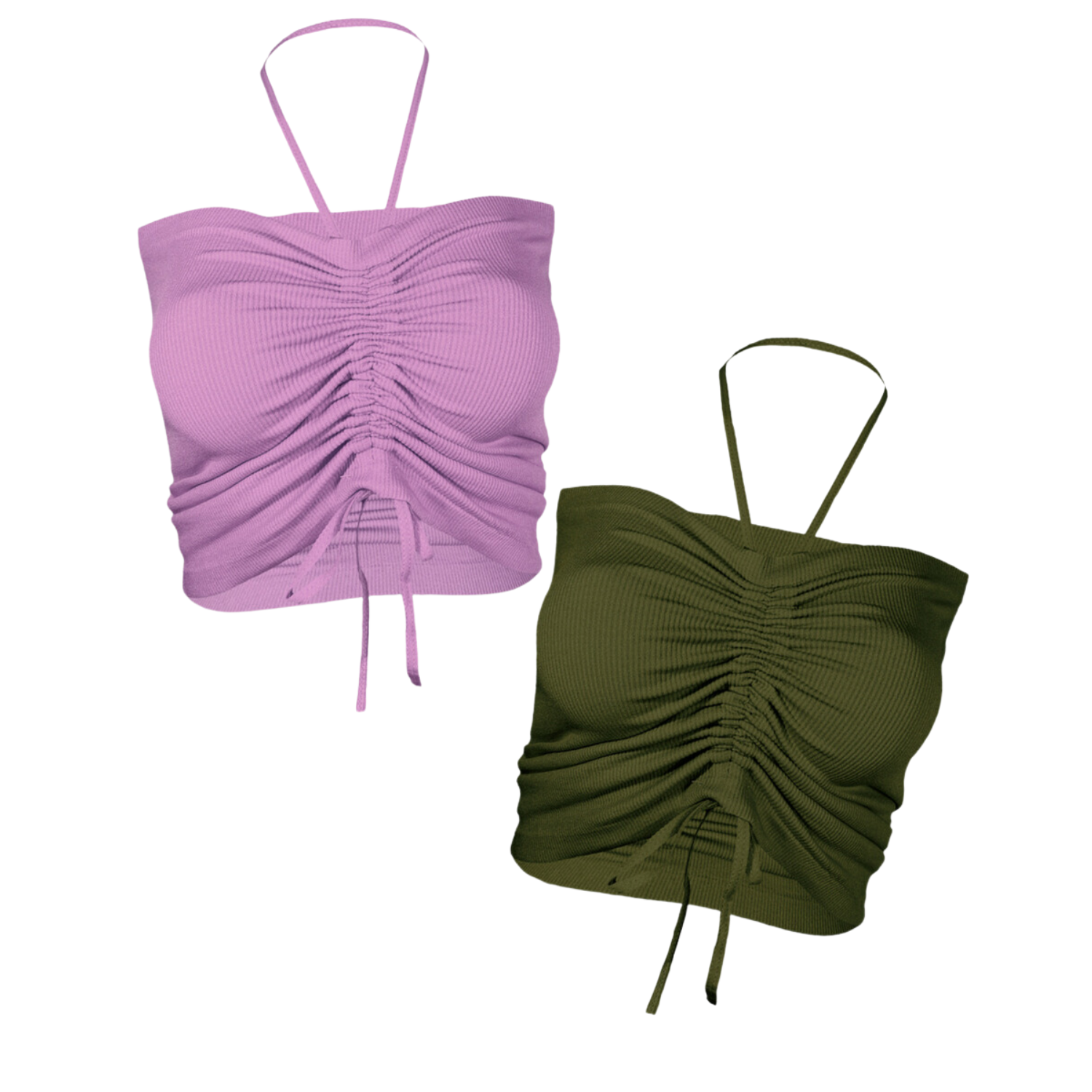 Crop Tops de Tirante Lila y Verde Oscuro Stretch Canalé 2 Piezas para Mujer