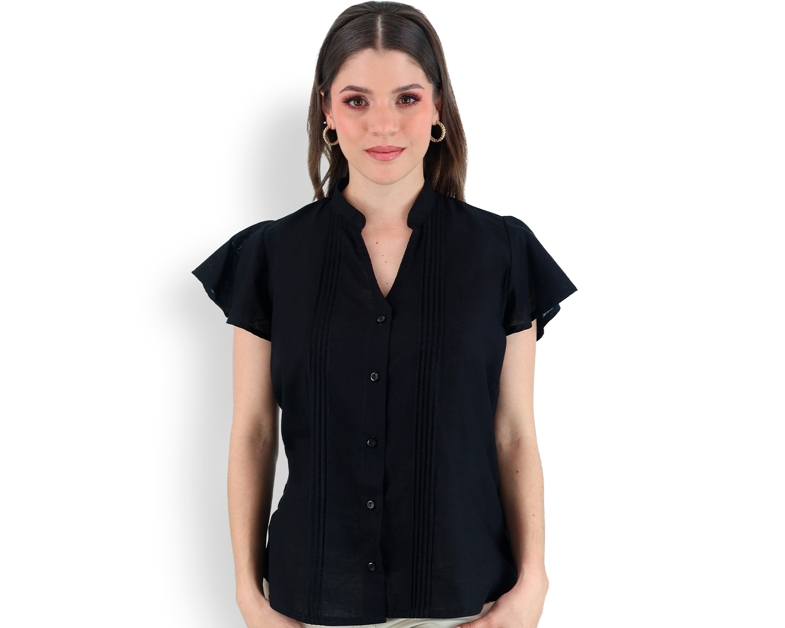Blusa Tipo Guayabera De Mujer Rams Cottons Modelo Fabi Color Negro Apariencia De Lino