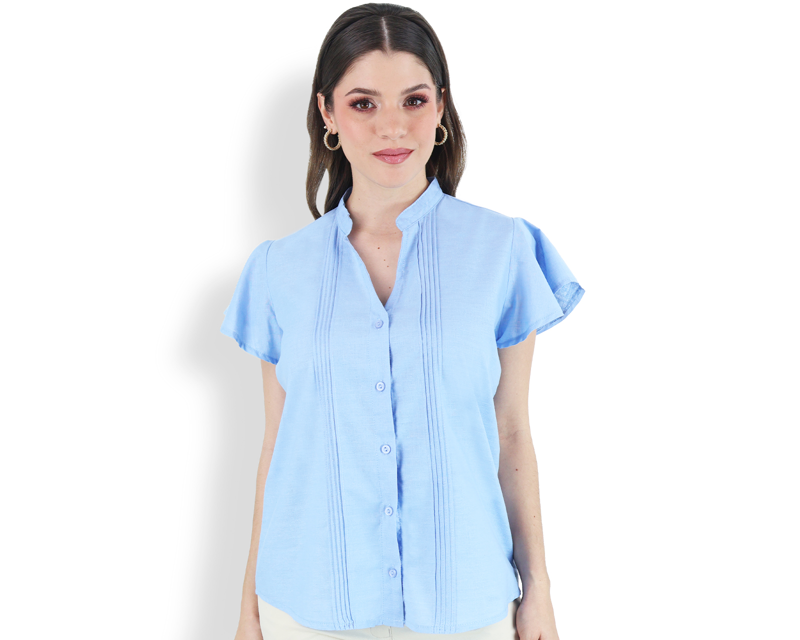Blusa Tipo Guayabera De Mujer Rams Cottons Modelo Fabi Color Azul Apariencia De Lino
