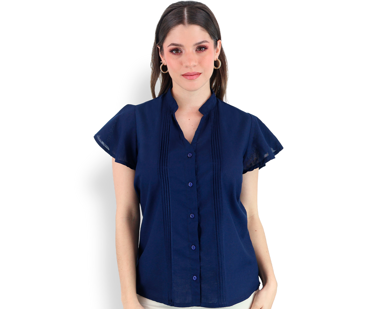 Blusa Tipo Guayabera De Mujer Rams Cottons Modelo Fabi Color Azul Marino Apariencia De Lino