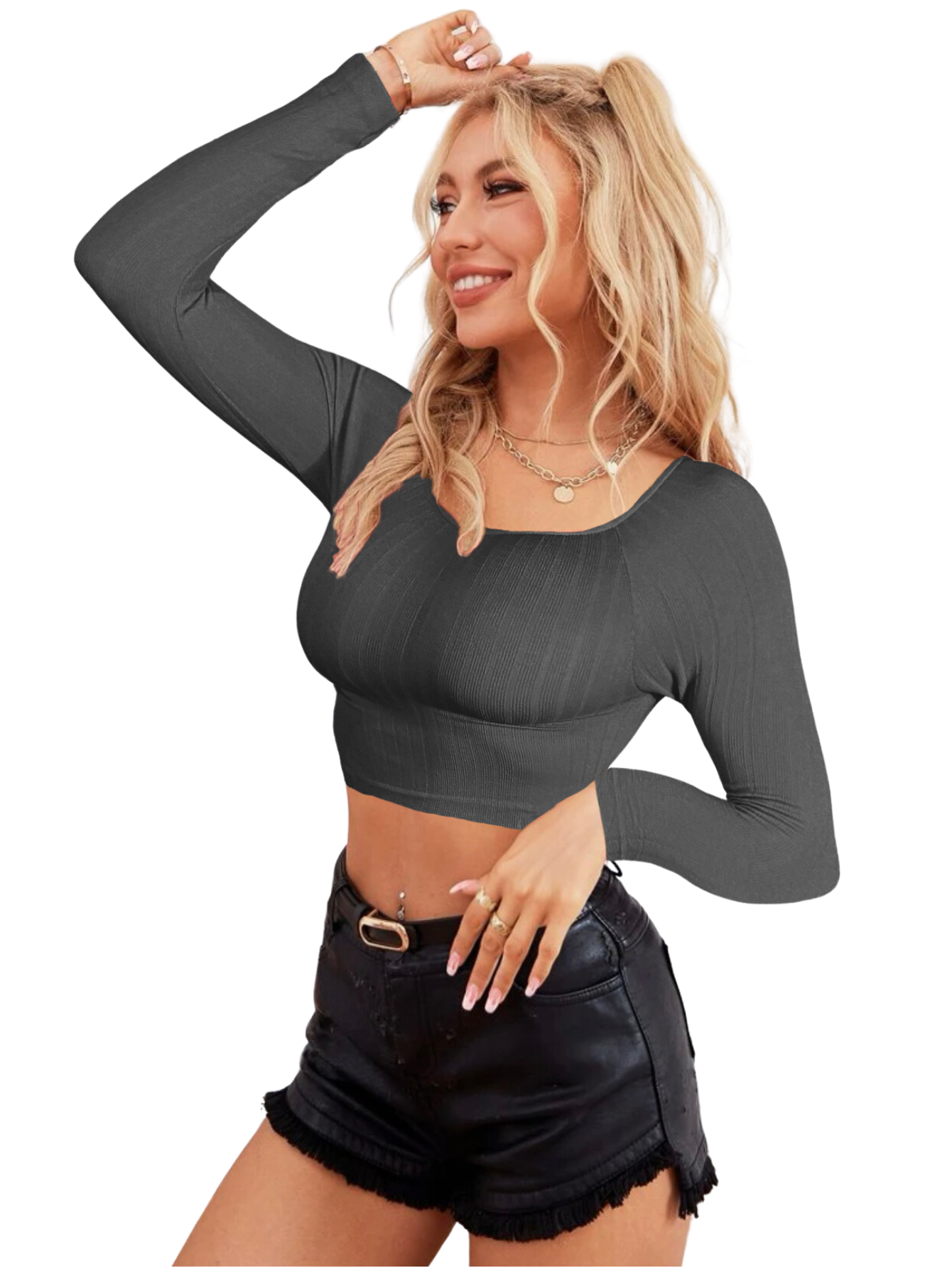 Foto 2 pulgar | Blusa Crop Top De Manga Larga Para Mujer Crop-05 Color Gris Oscuro Moda Canalé
