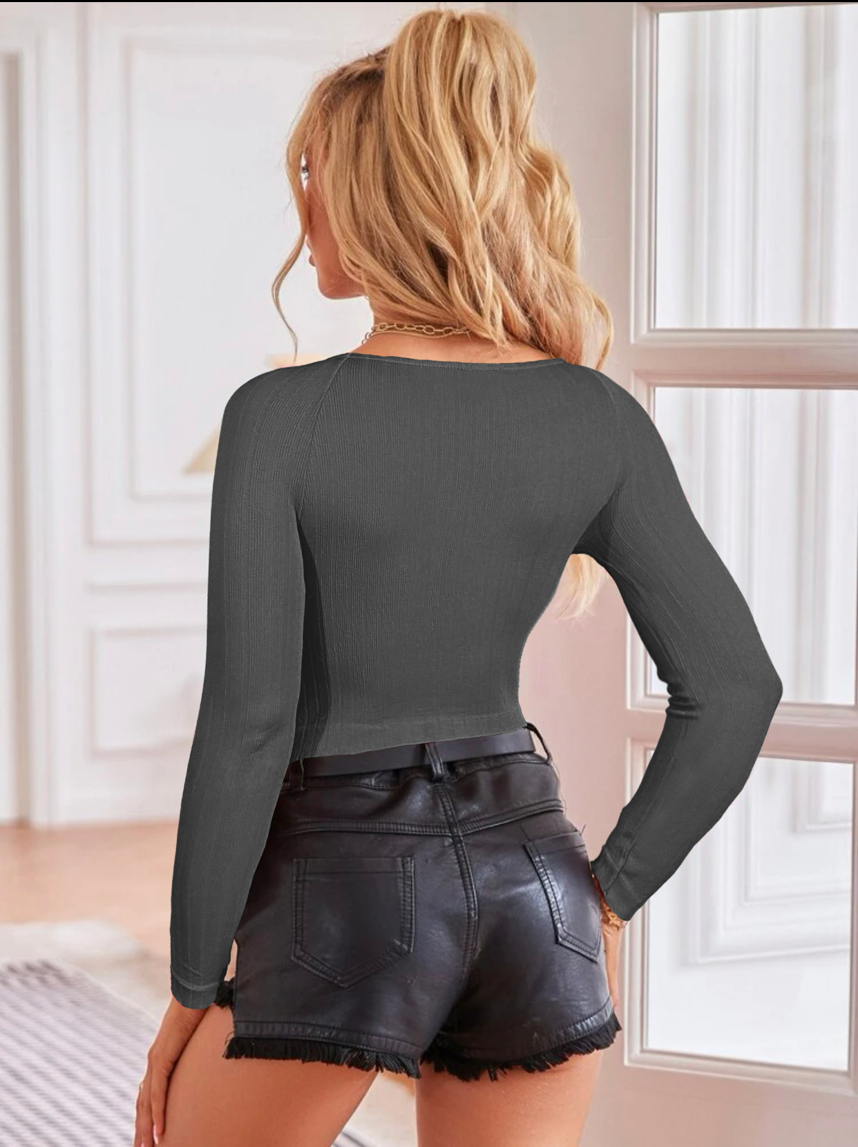 Foto 5 pulgar | Blusa Crop Top De Manga Larga Para Mujer Crop-05 Color Gris Oscuro Moda Canalé