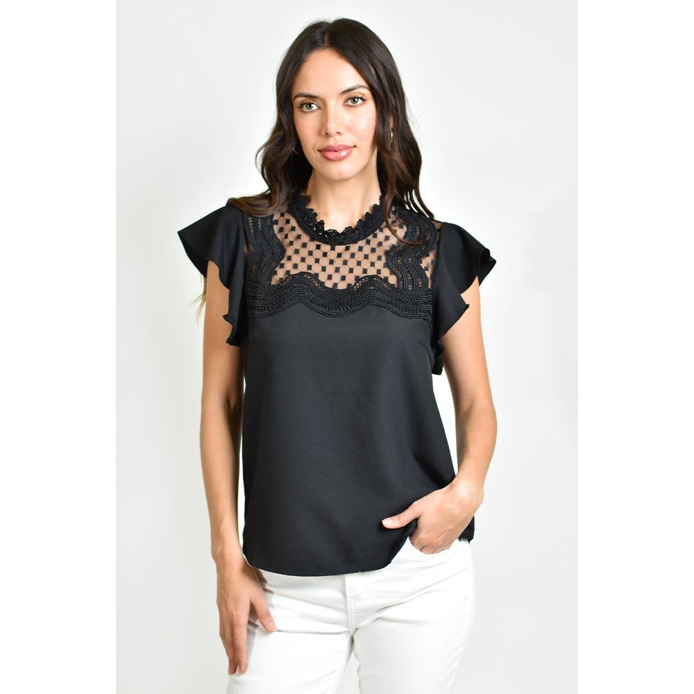 Foto 2 pulgar | Blusa Escote de Mesh Roman Fashion 6371Negra para Mujer