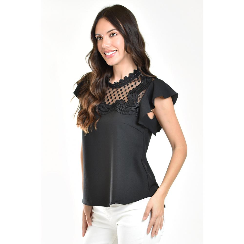 Foto 3 pulgar | Blusa Escote de Mesh Roman Fashion 6371Negra para Mujer
