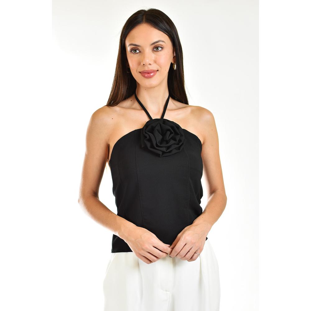 Top Halter de Flor Roman Fashion Negro Juvenil para Mujer