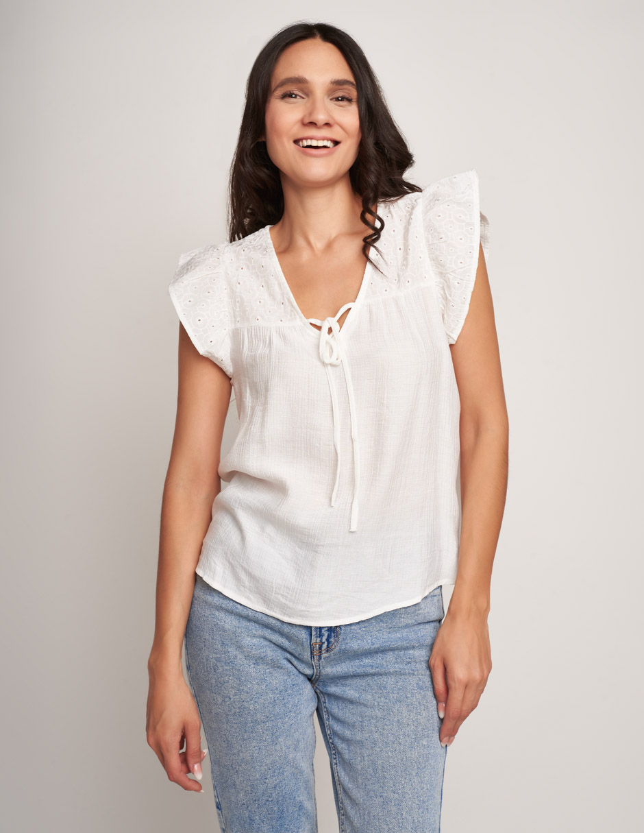 Foto 2 pulgar | Blusa Devendi Blanca Guipiur para Mujer