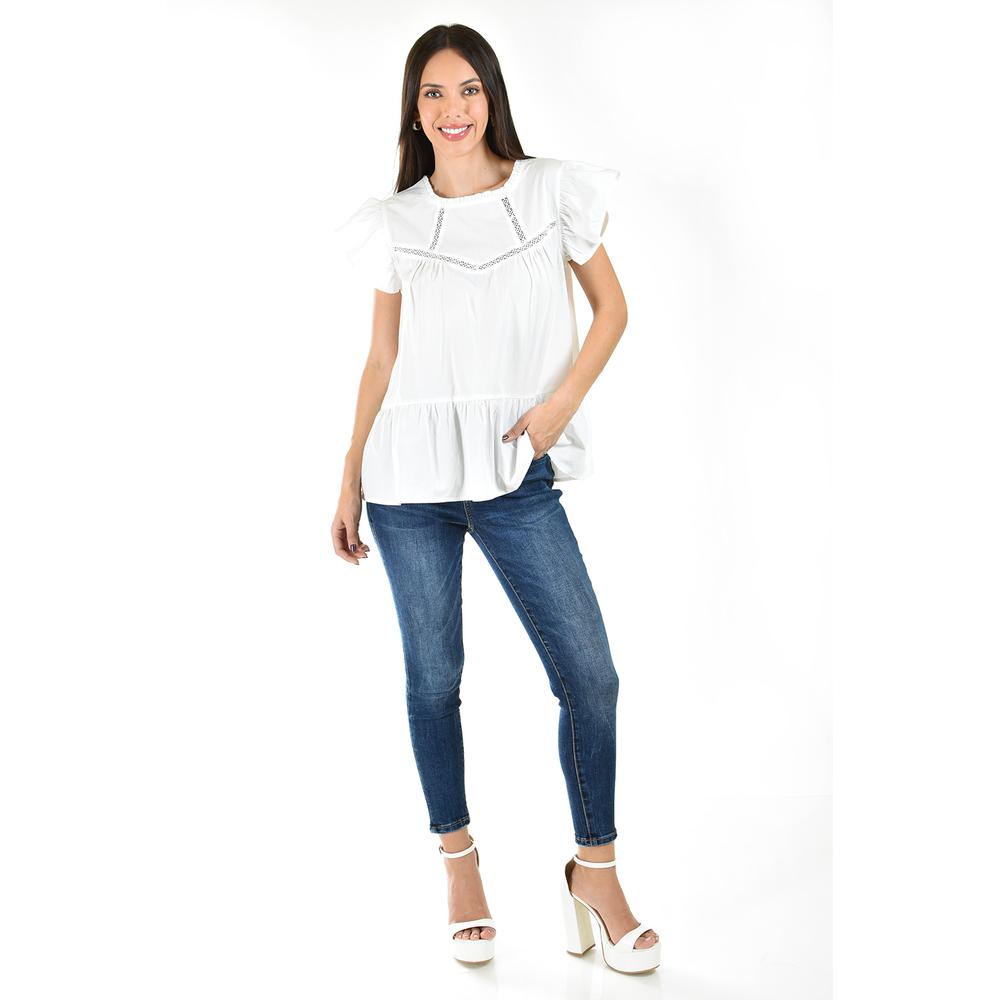 Blusa de Popelina con Encanje Roman Fashion /juvenil 12604  Blanco